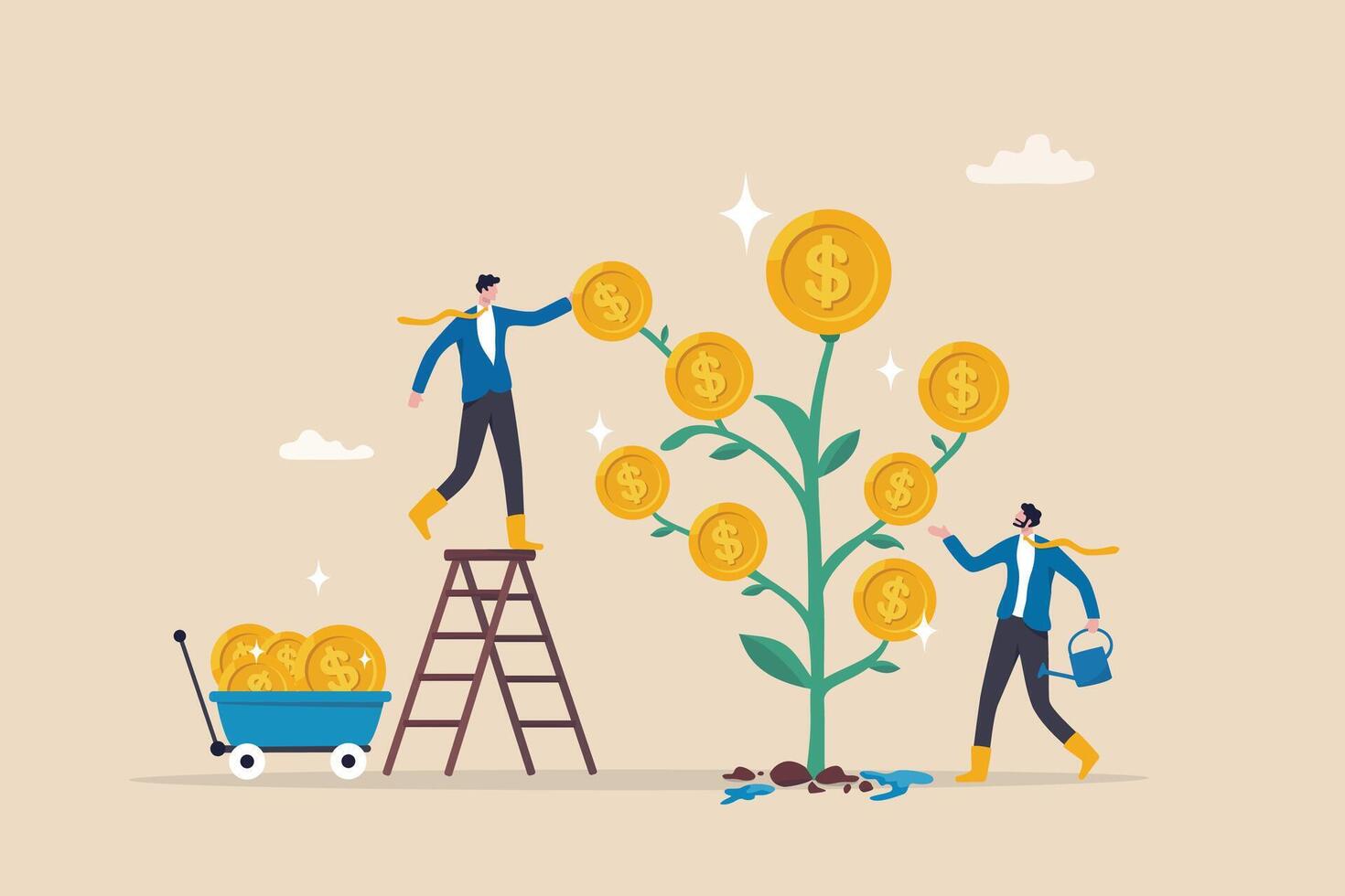 Investment growth, wealth management or savings to gain interest, passive income or harvest profit or dividend, earning money or prosperity concept, businessman help grow money and harvesting profit. vector