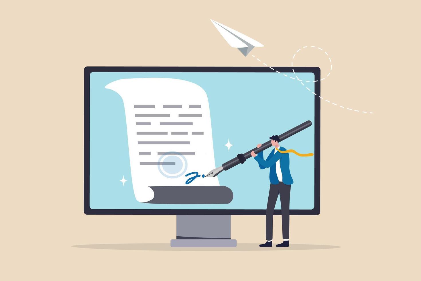 Digital signature or electronic agreement contact, online document signing, internet transaction identity, certified handwriting application concept, businessman signing digital signature on computer. vector