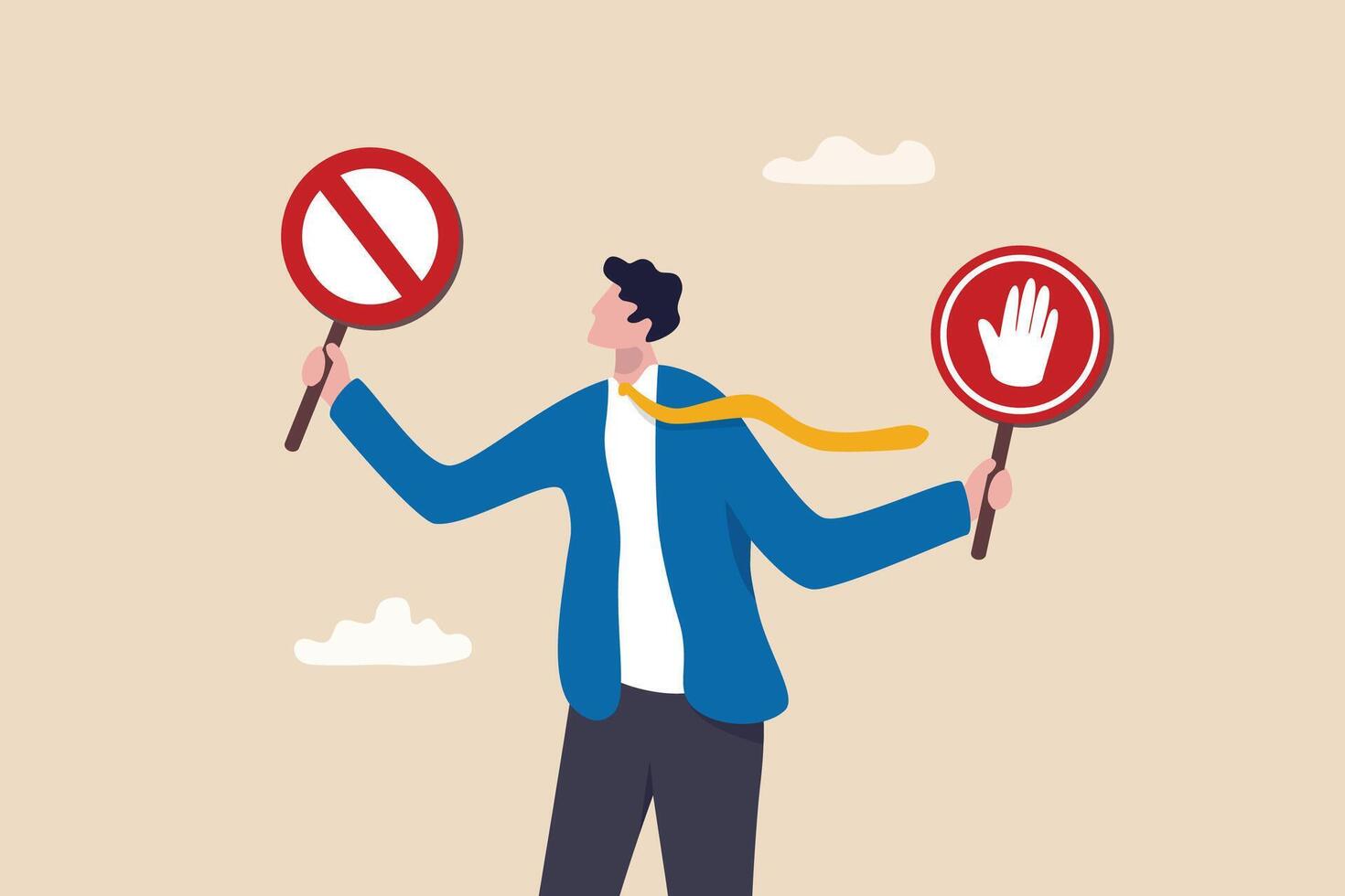 Forbidden, prohibited or restriction, stop sign caution or banned attention, illegal, wrong or false information to avoid, risk and danger concept, businessman holding forbidden crossed and stop sign. vector