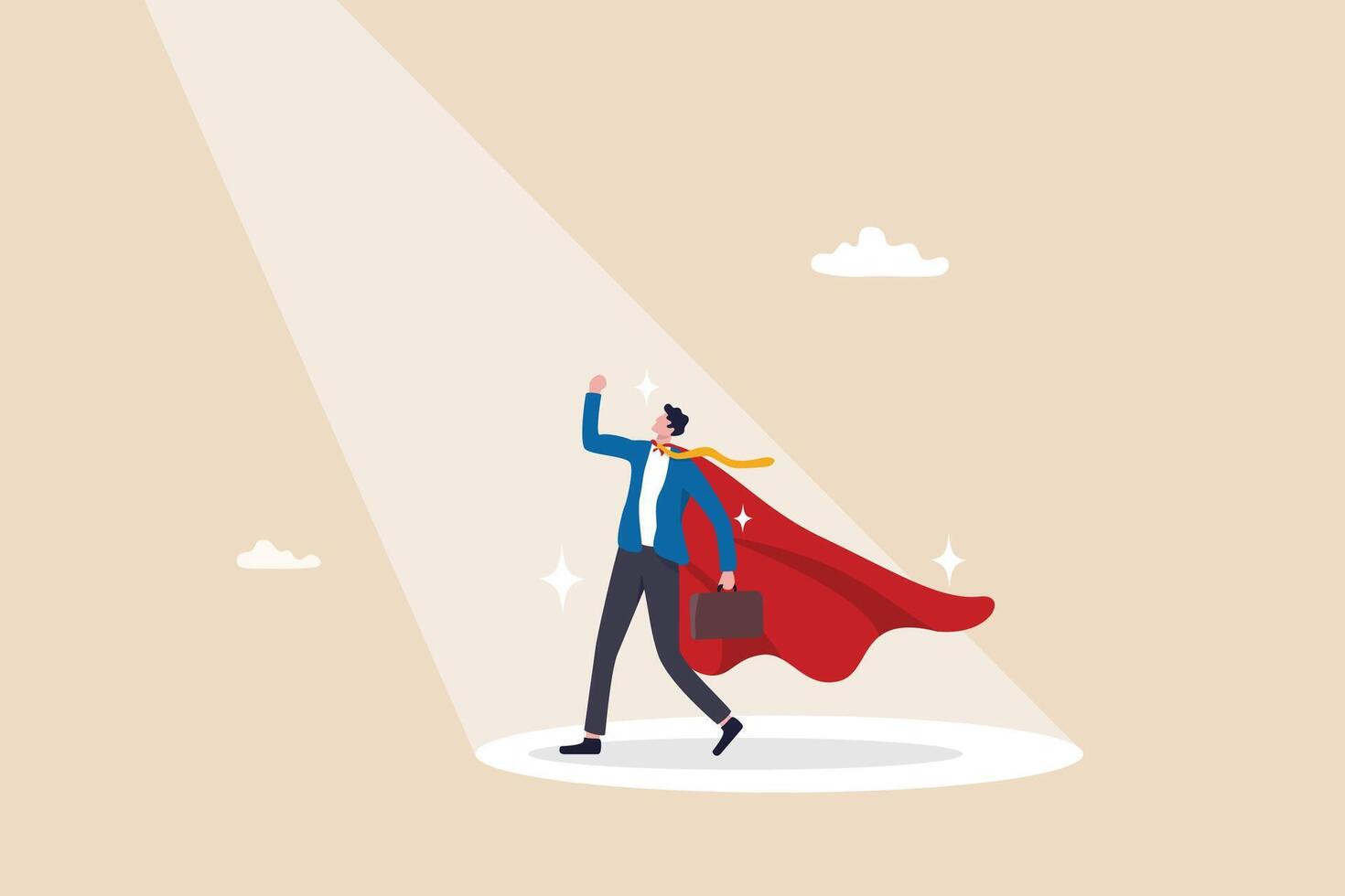 Best success candidate, search for talent, outstanding staff or discover high performance employee, leadership, hiring or recruitment concept, confidence businessman superhero with spotlight shining. vector