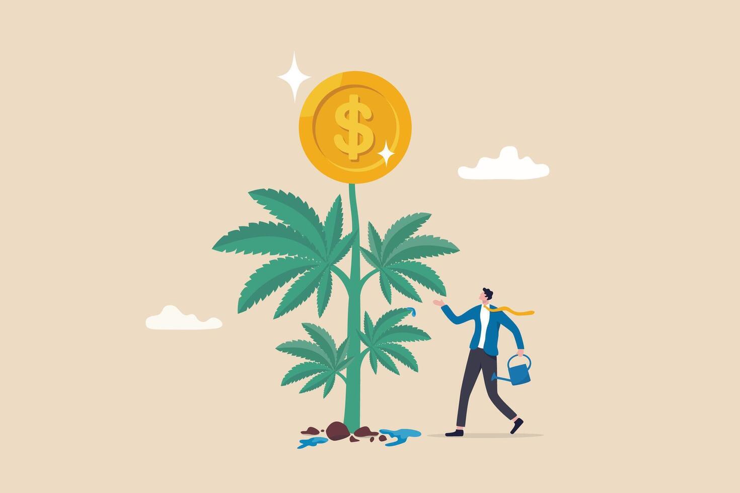 Cannabis business, ganja, marijuanas for medical and therapy to make money, legal CBD medicine, alternative cannabis oil concept, businessman watering cannabis plant with dollar money earning. vector