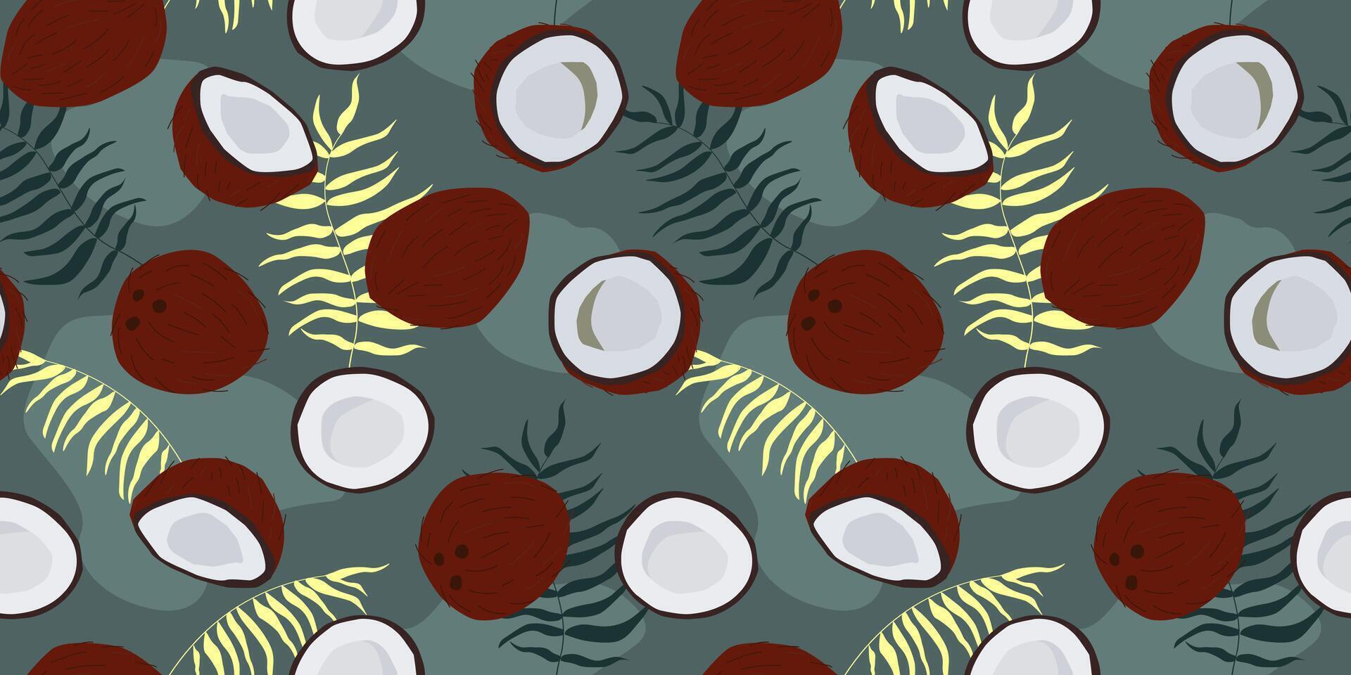 Seamless pattern with abstract coconut and palm leaves. Tropical exotic print. Vector graphics.