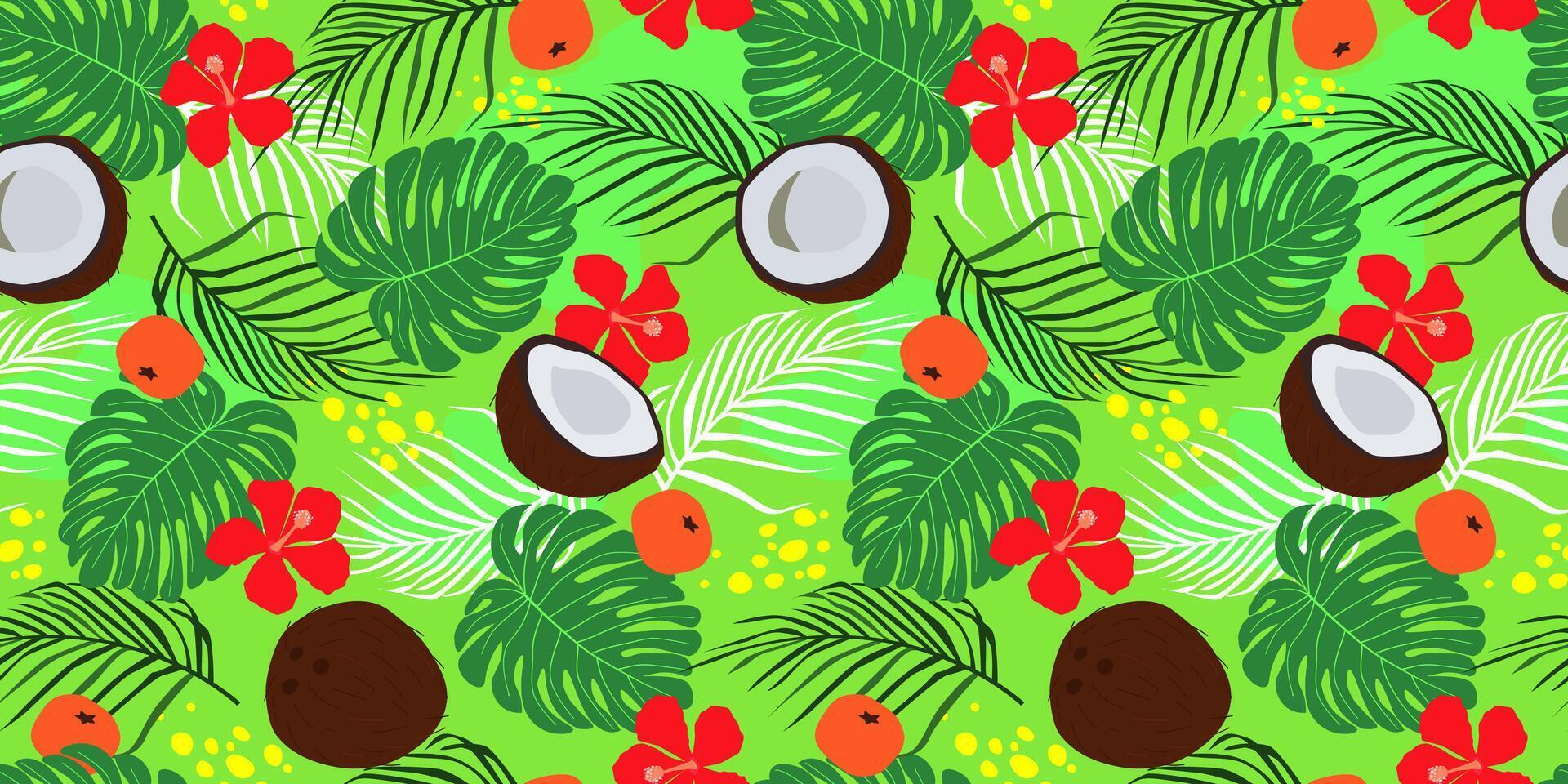 Seamless pattern with coconuts, tropical fruits on a background of palm leaves, monstera, flowers. Summer bright exotic print. Vector graphics.