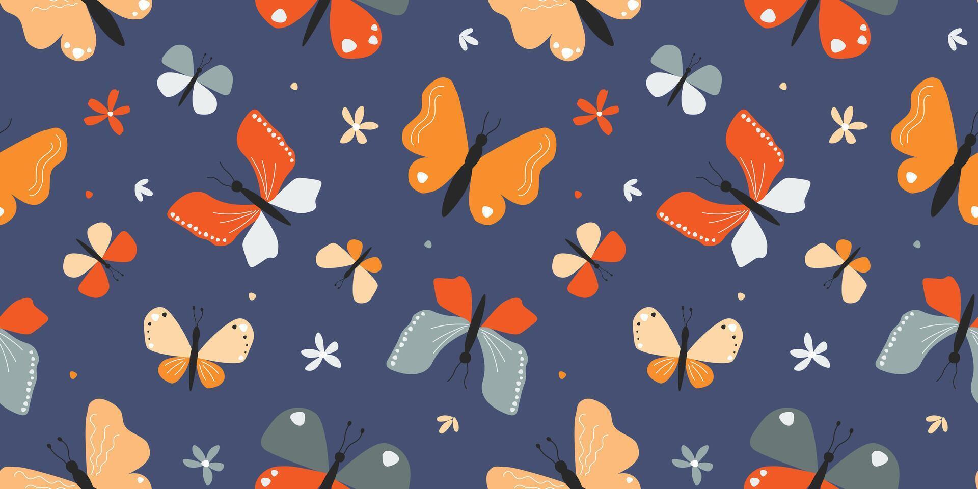 Seamless pattern with butterflies, flowers. Summer abstract, joyful hand drawn print. Vector graphics.