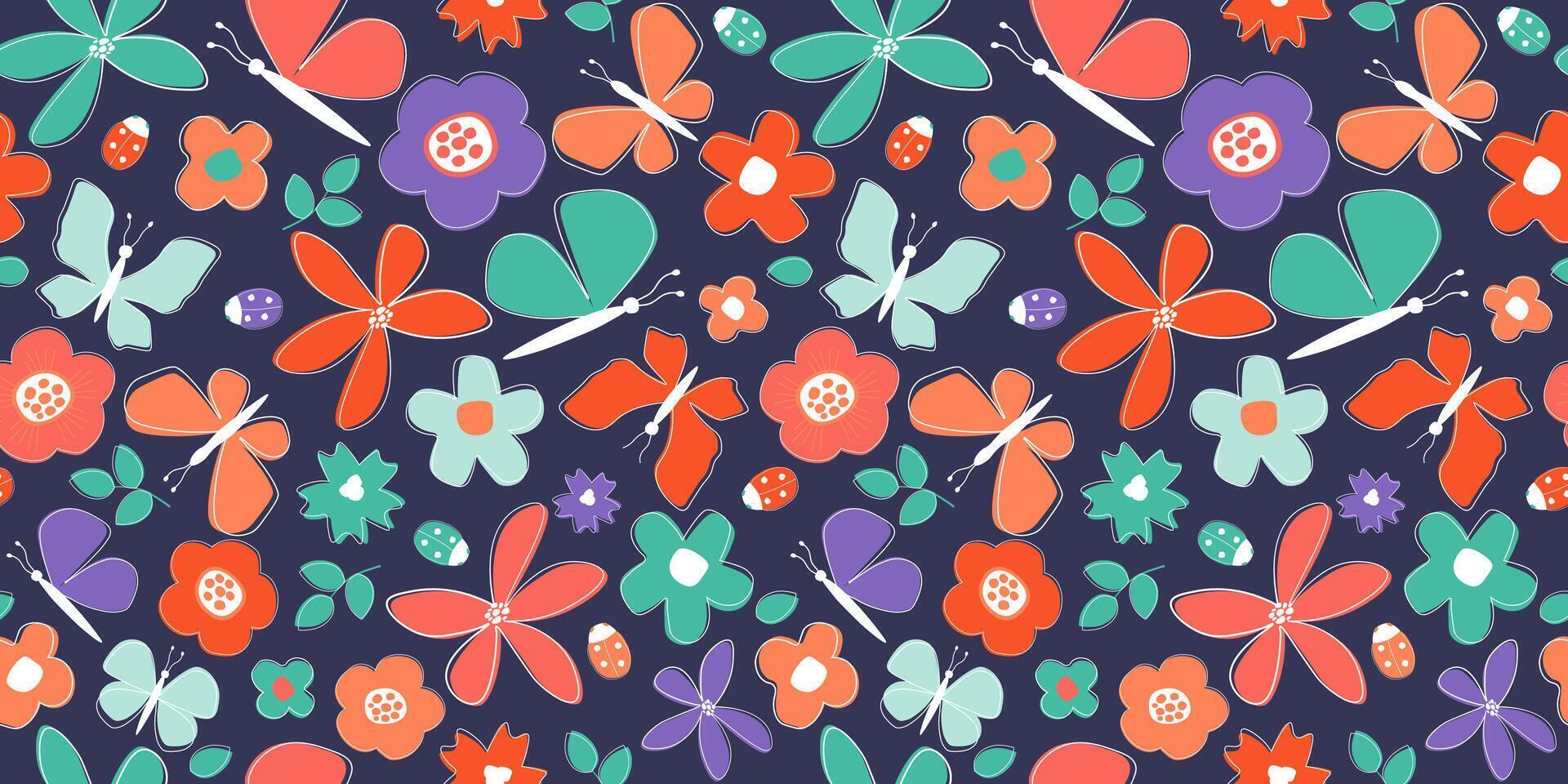 Seamless pattern with abstract flowers, butterflies, leaves. Summer natural simple print. Vector graphics.