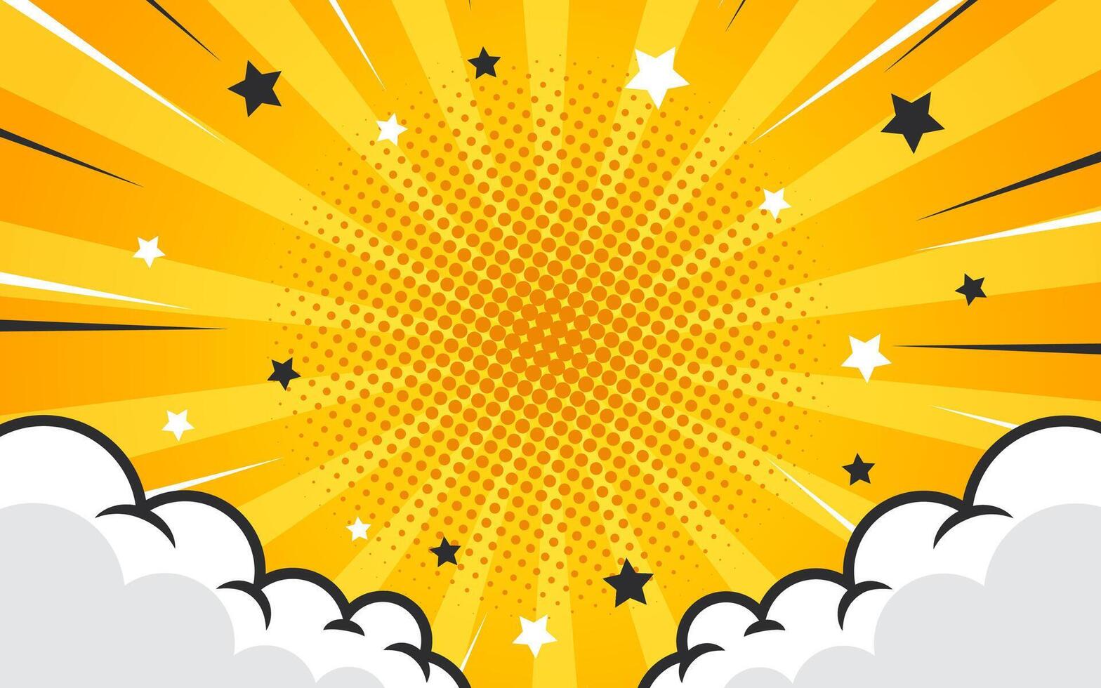 Pop art comic background with halftone colors and cute clouds vector