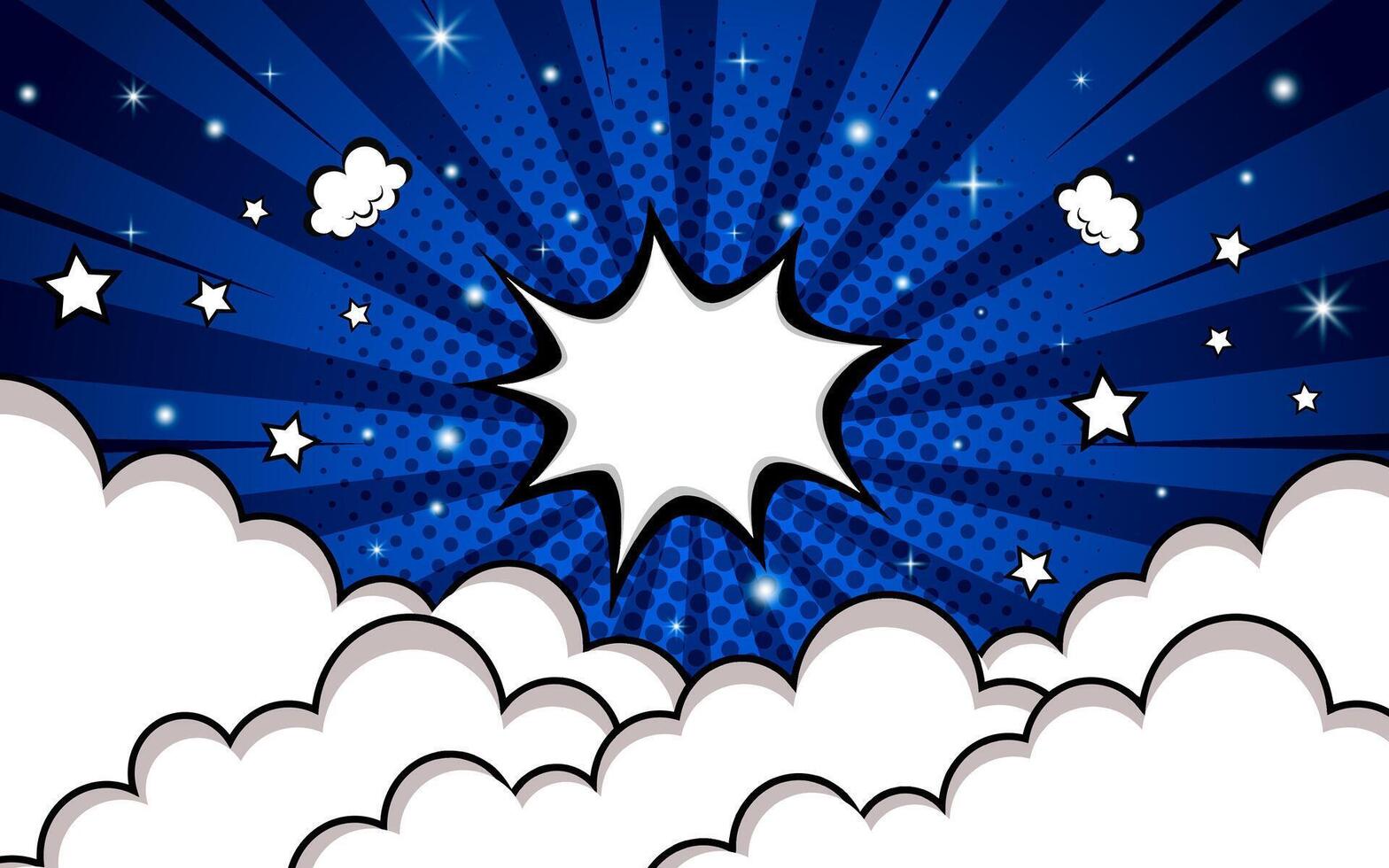 Pop art comic background with clouds and stars. Cartoon Vector Illustration