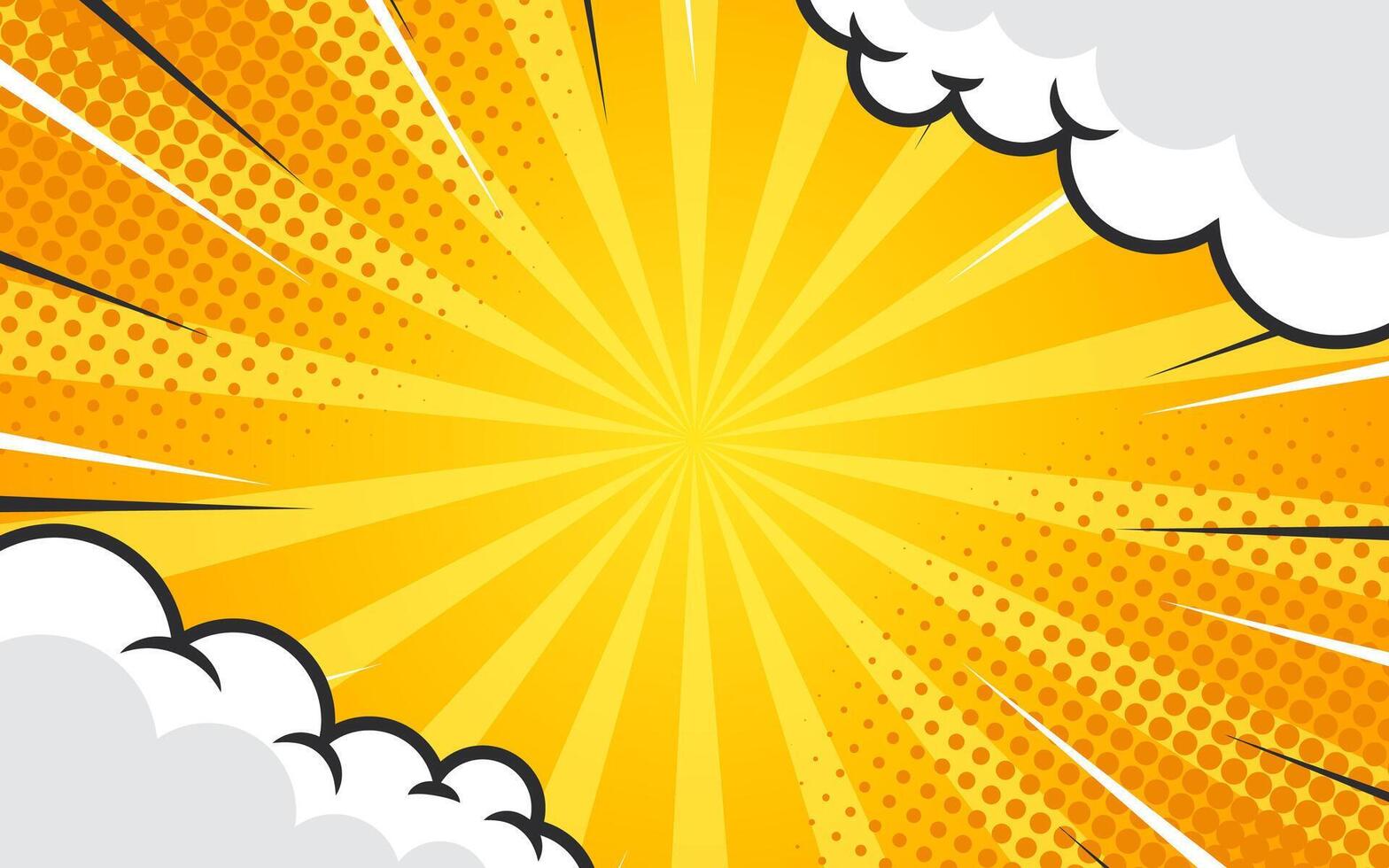 Pop art comic background with halftone colors and cute clouds vector
