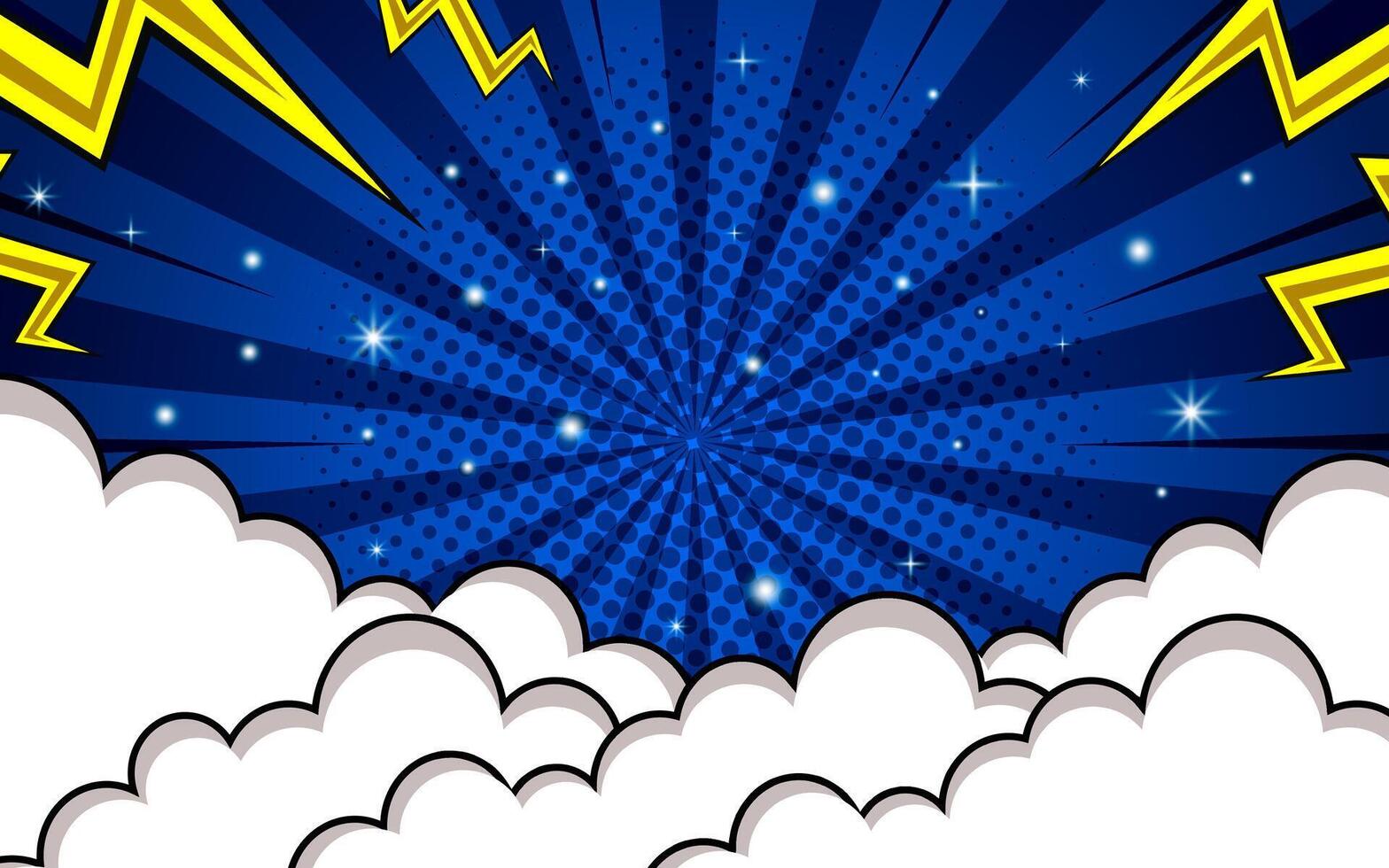 Pop art comic background with clouds and stars. Cartoon Vector Illustration