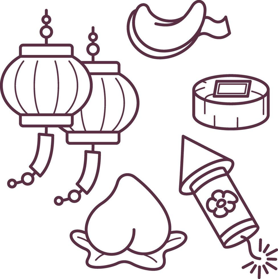 chino lunar nuevo año sencillo dibujos animados decoraciones línea Arte diseño contorno vector