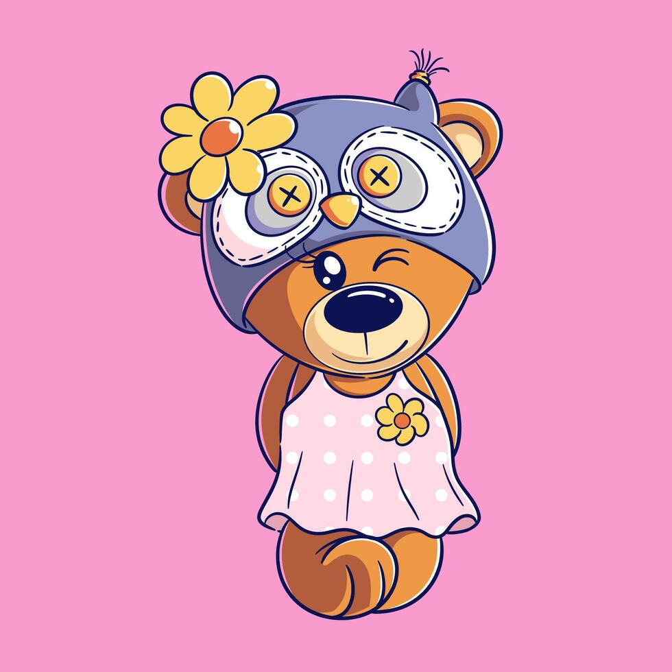 Cute bear wearing an owl hat vector