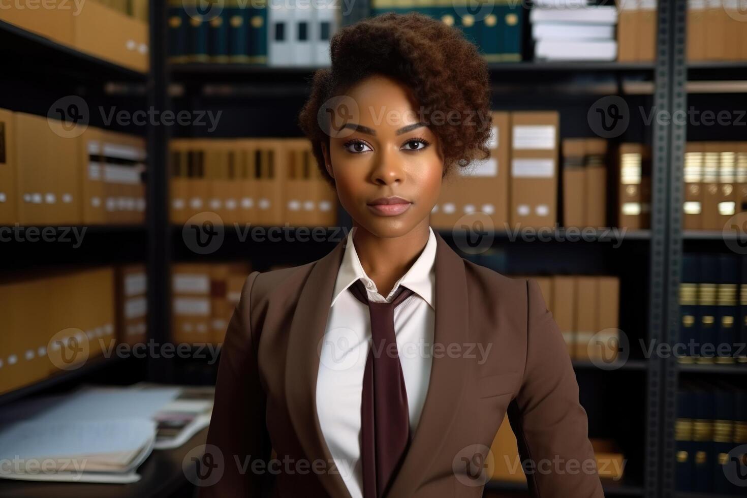 AI generated Portrait of a stylish African-American librarian in formal clothes, standing in the university library and looking at the camera photo