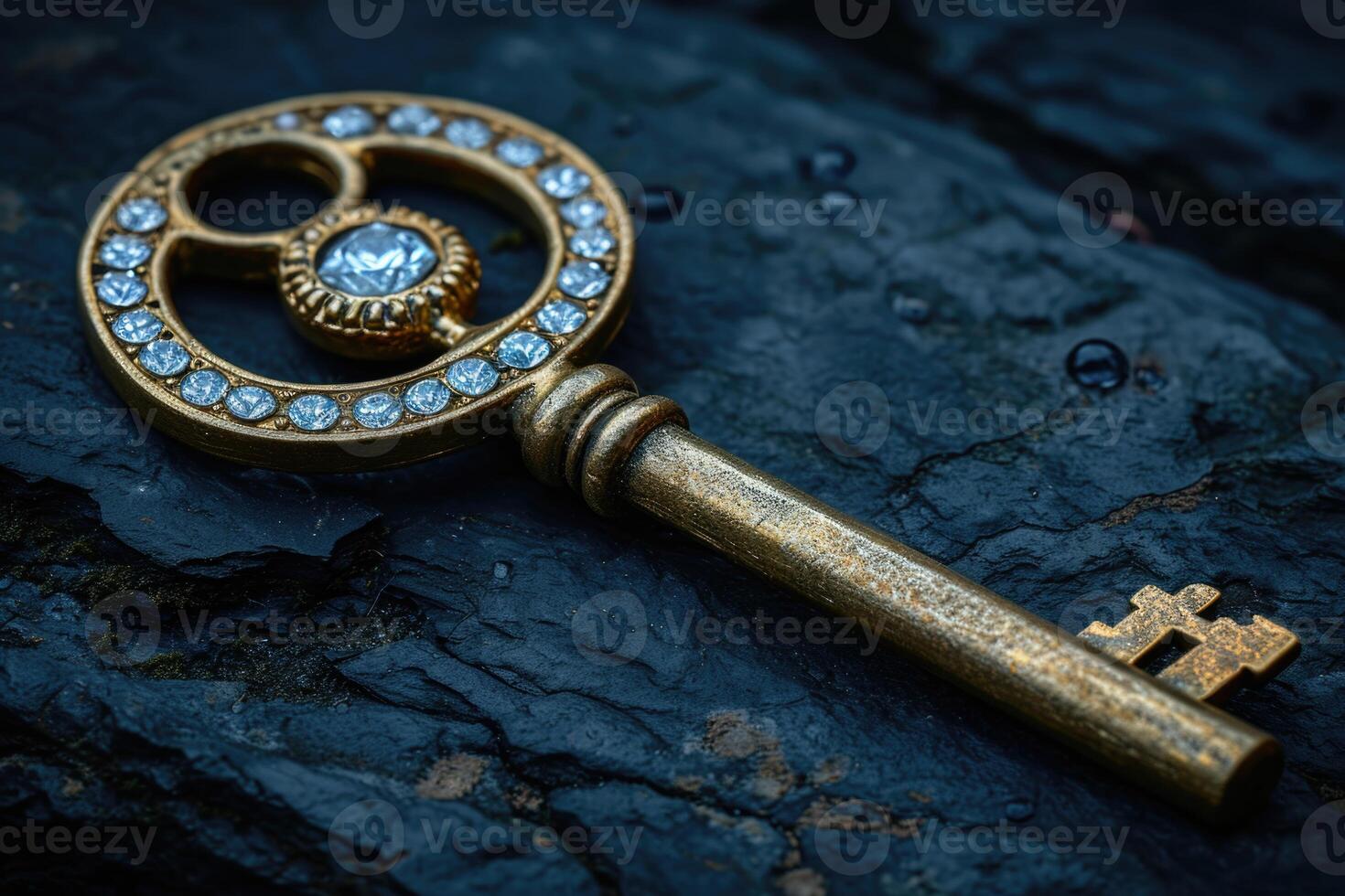 AI generated An old designer key with a lock decoration lies on a wooden background photo