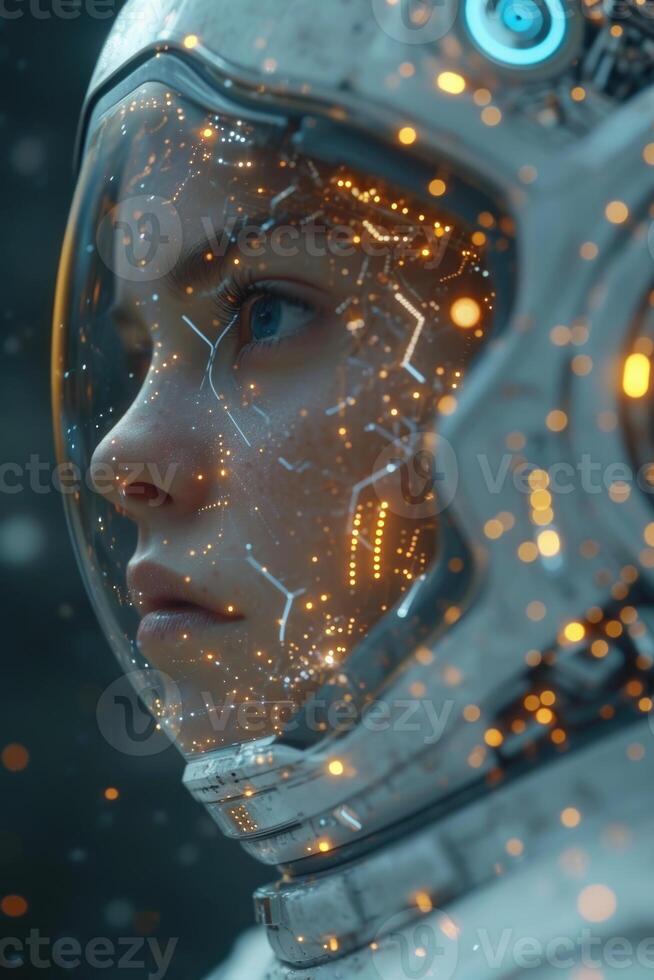 ai generado un niña en un espacio traje . el concepto de artificial inteligencia. digital transformación foto