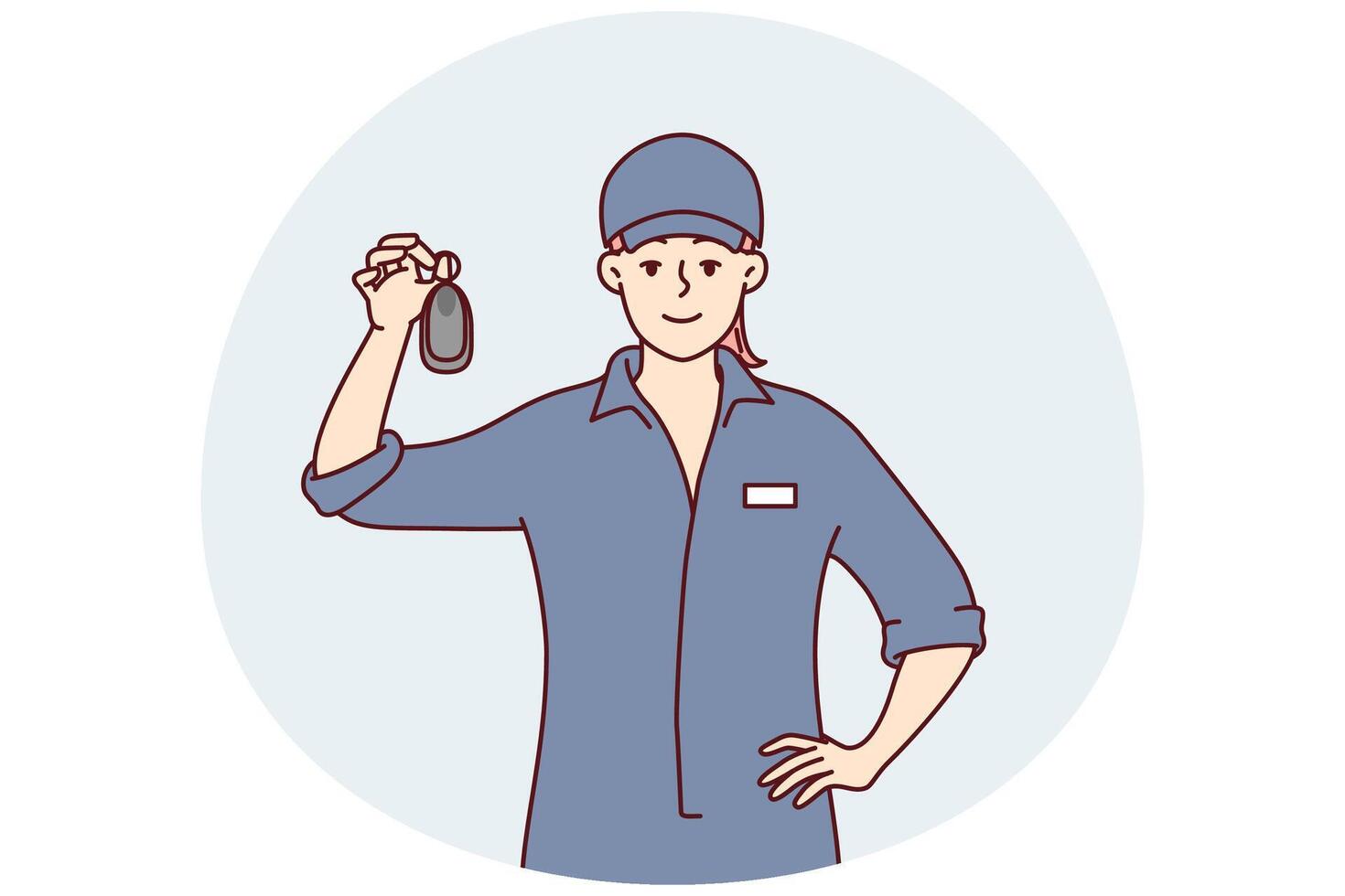 Woman working at car wash shows key to car after providing body cleaning services. Vector image