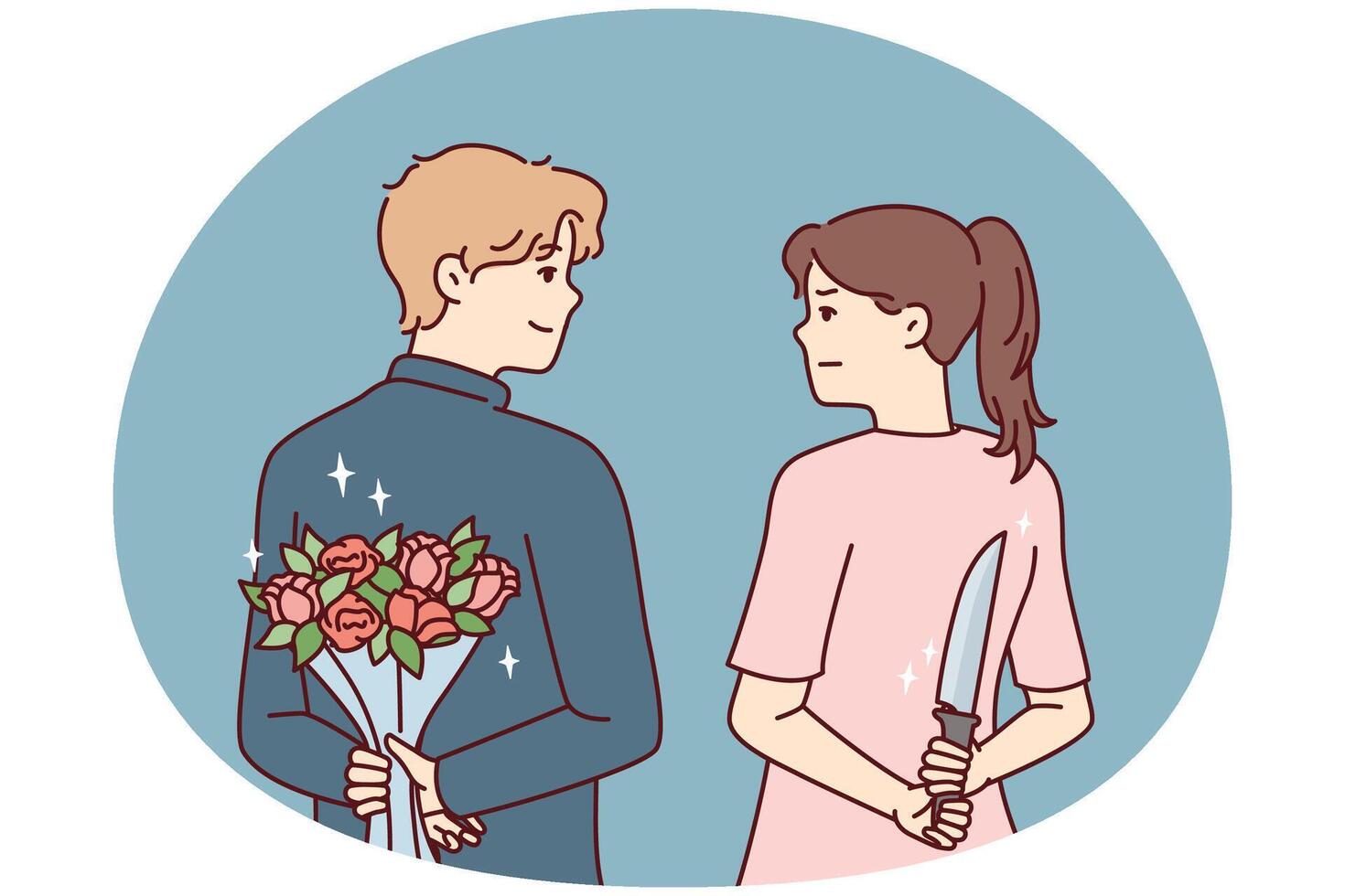 Man and woman look into eyes holding knife and flowers behind their backs. Vector image