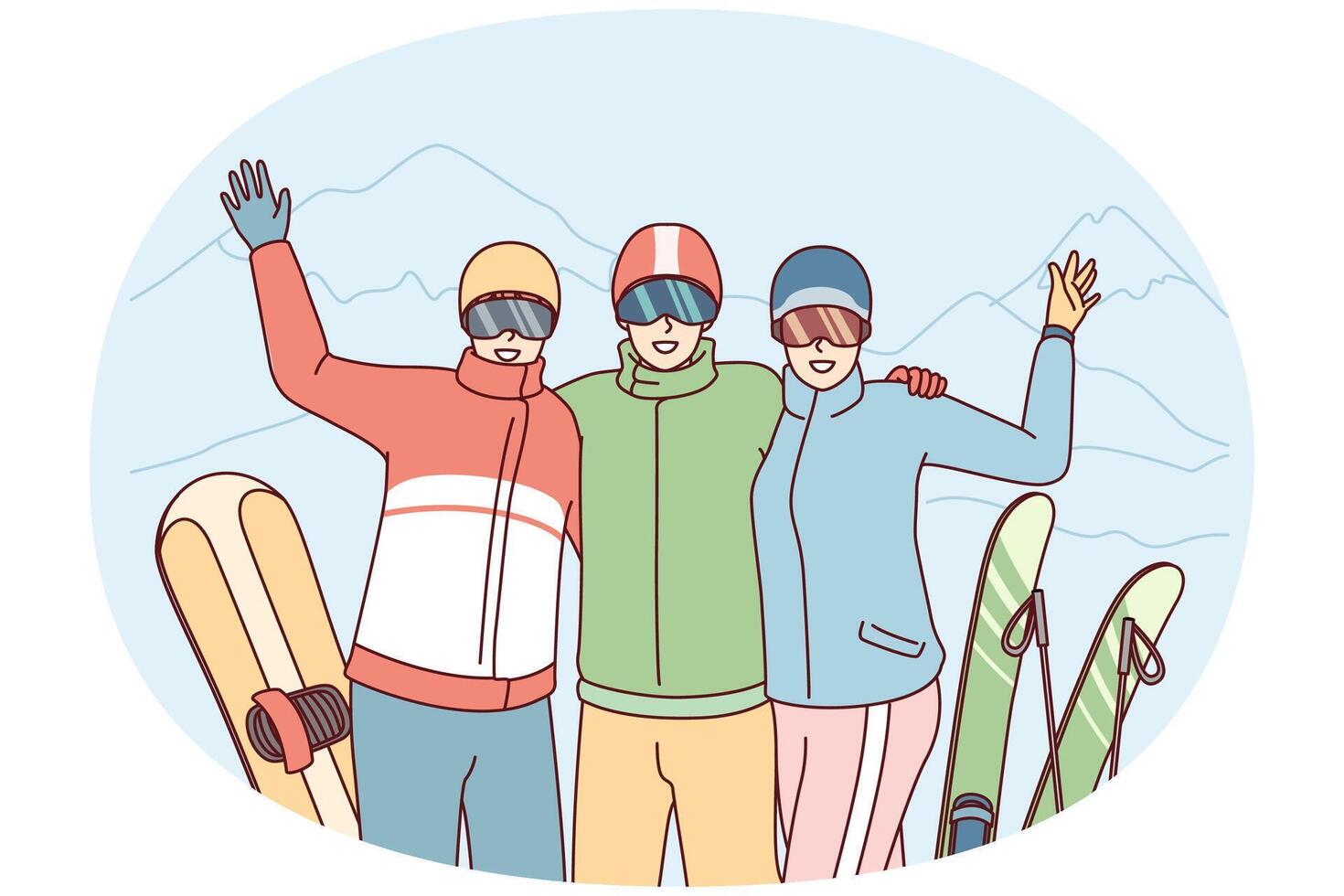 Company of friends at ski resort waving their hands posing on winter vacation. Vector image