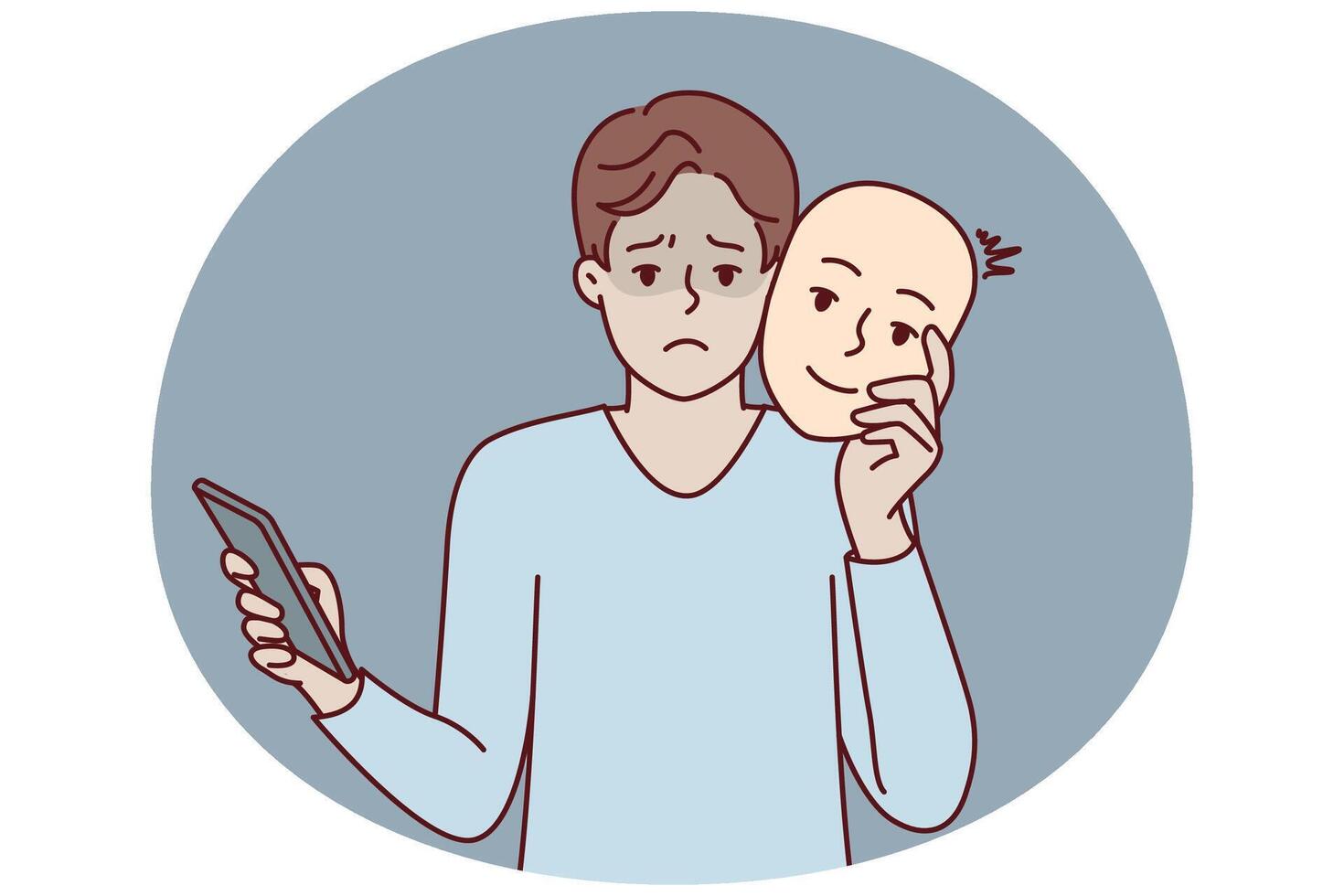 Unhappy man with phone uses mask to pretend to be positive human during online dating. Vector image
