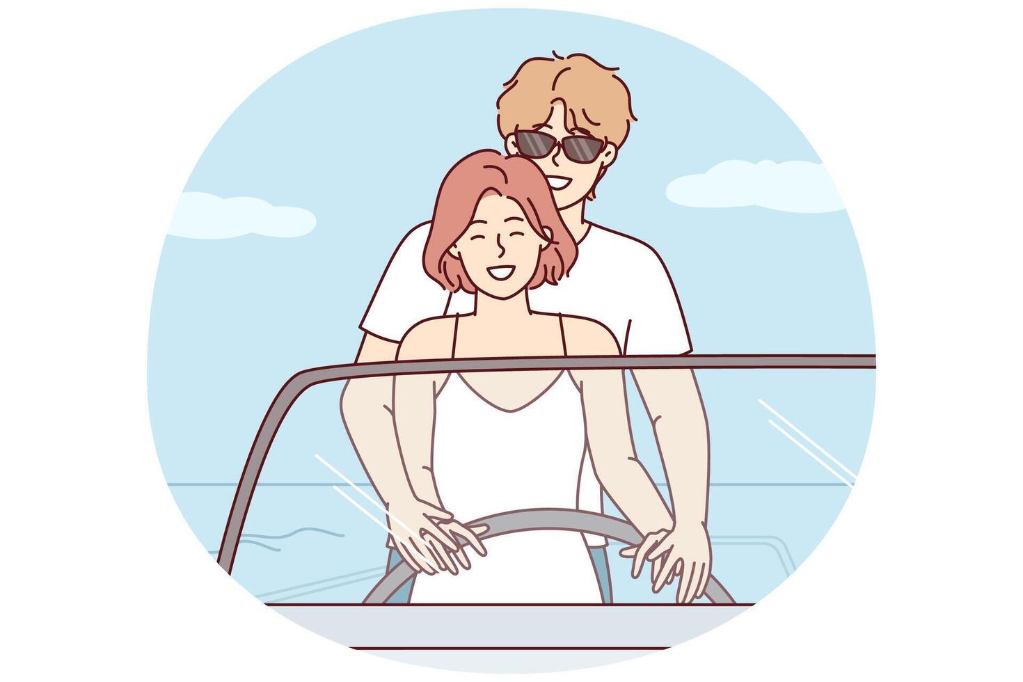 Romantic man and woman at same time control boat holding helm enjoying summer vacation. Vector image