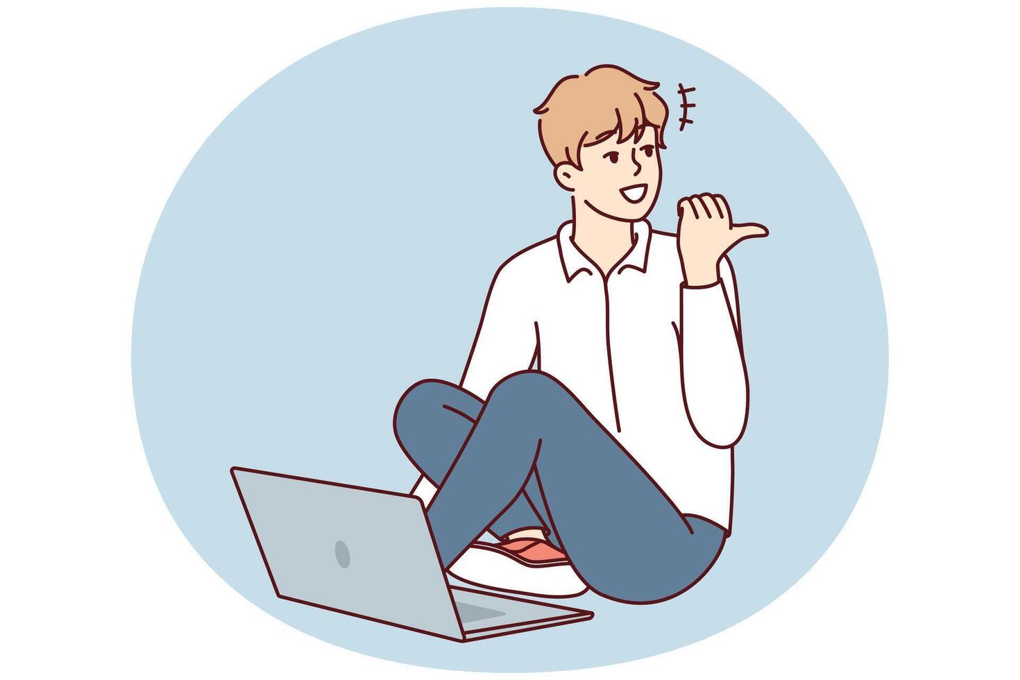 hombre sentado en piso con ordenador portátil y mirando espalda señalando dedo haciendo en línea laboral. vector imagen