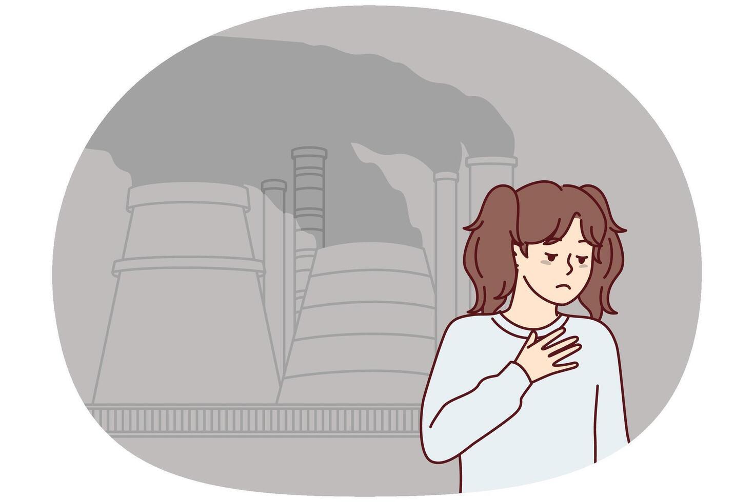 Teenage girl is sad standing near industrial pipes emitting smoke that damage nature. Vector image