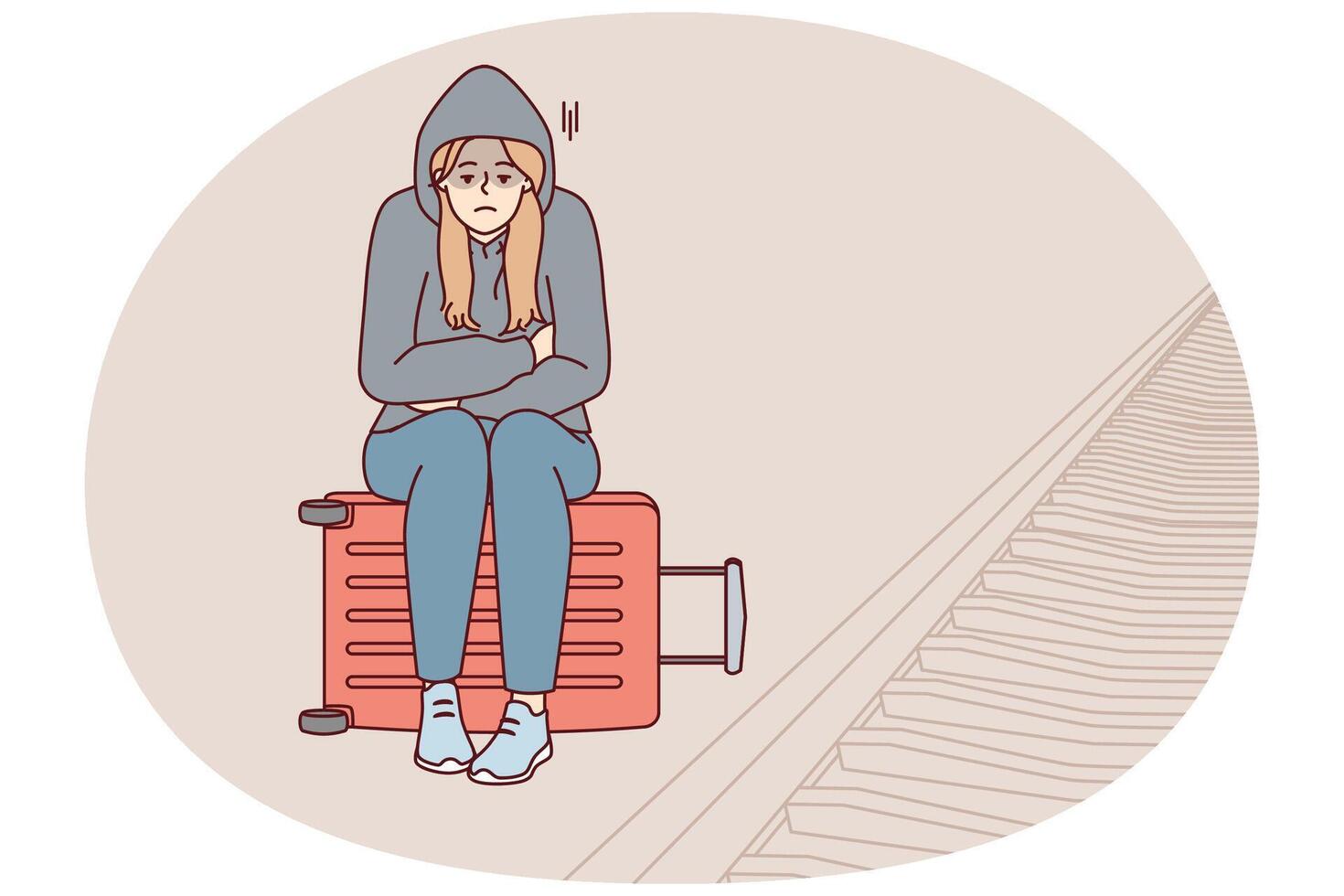 Tired woman sits on suitcase near railway waiting for train and freezes at station. Vector image