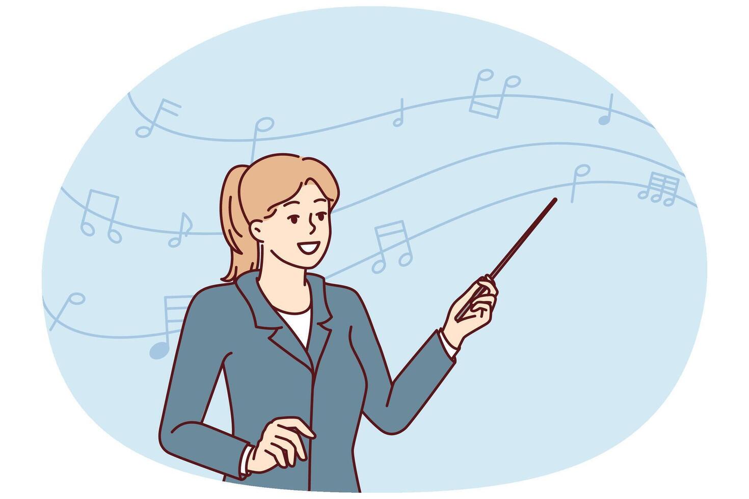 Woman conductor musical orchestra with pointer in hand stands near notes on wavy line. Vector image