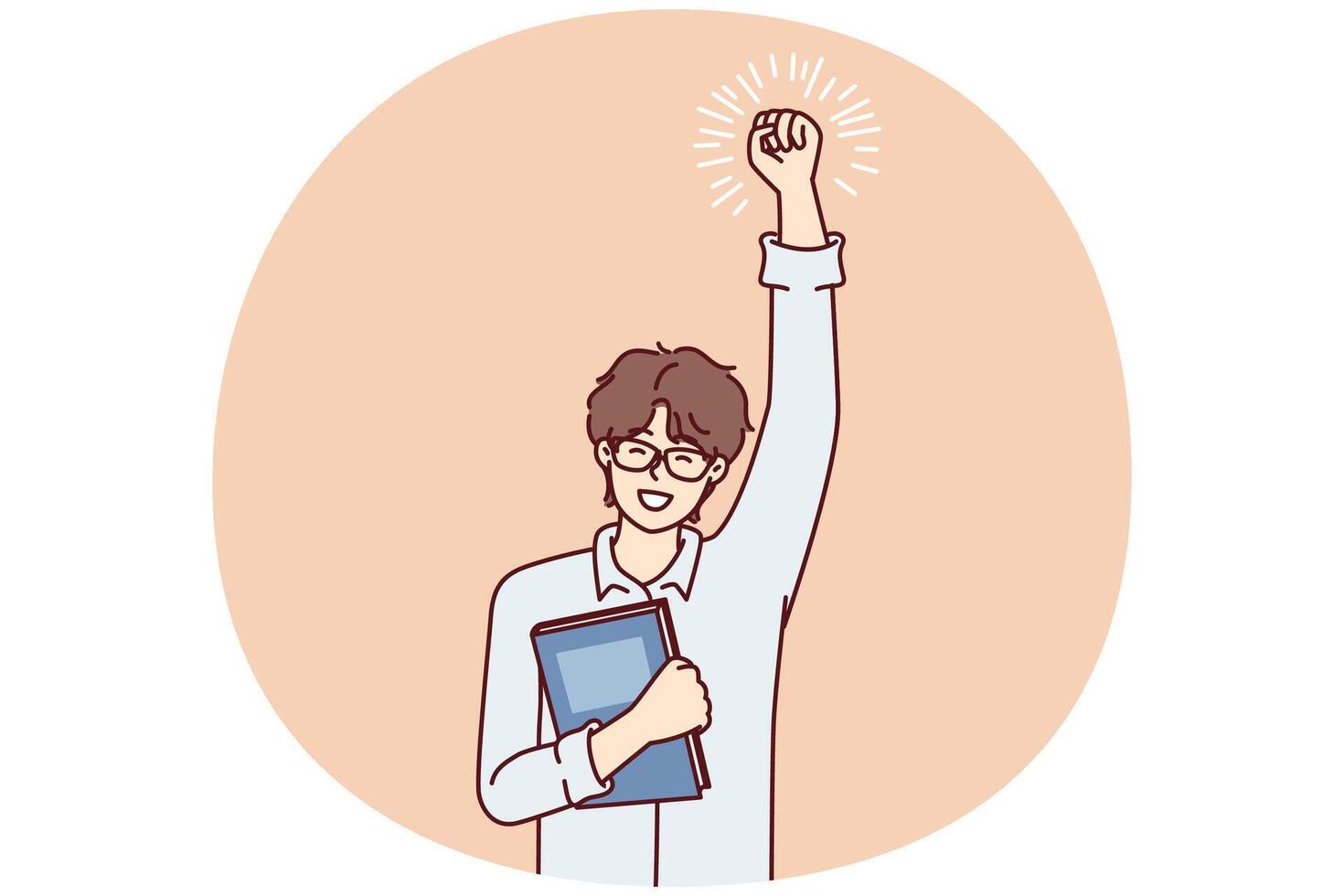 Joyful guy student with textbook in hand makes winning gesture after winning olympiad. Vector image