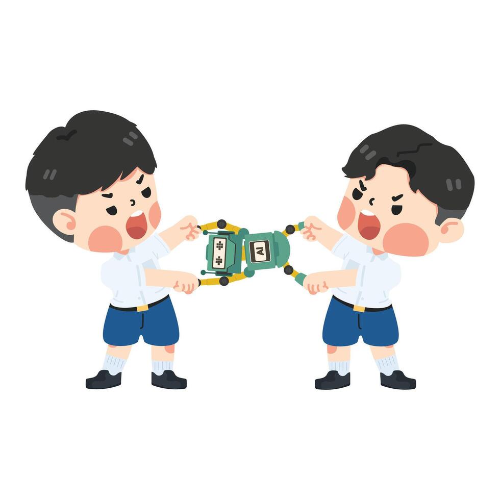 Boy student pulling robot with friend and feel angry vector