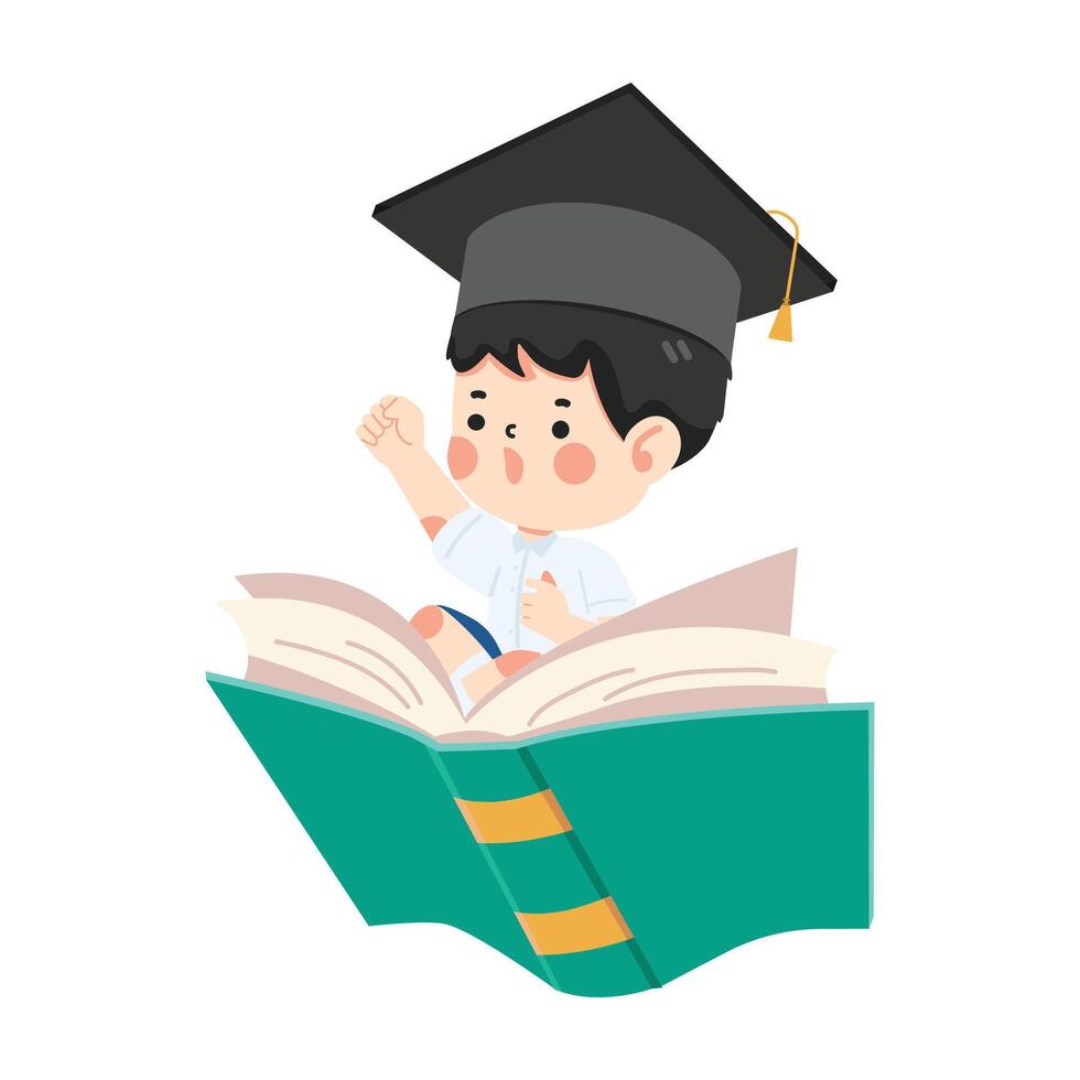 pequeño niño montando un libro y mosca vector