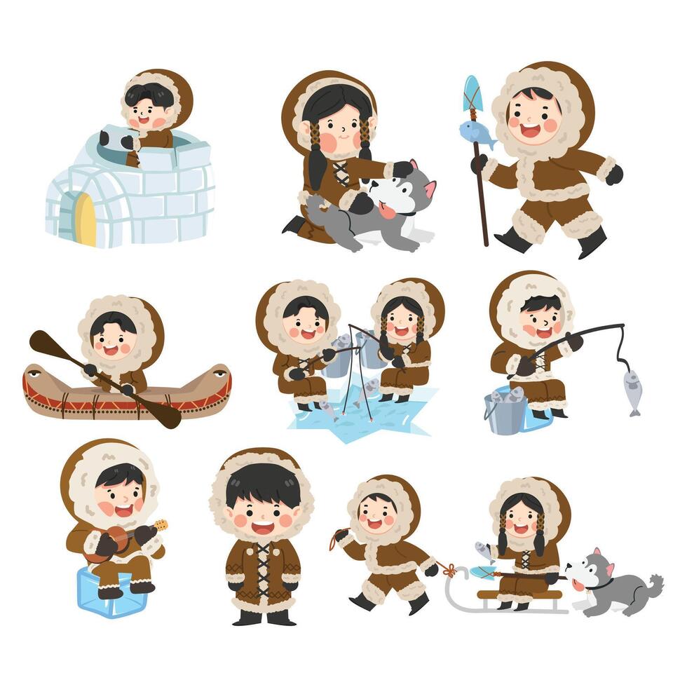 Set of Eskimo Characters Lifestyle vector