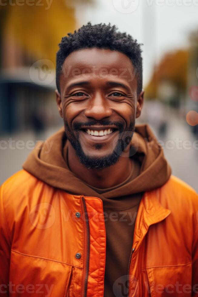 ai generado retrato de un sonriente africano hombre en de cerca en pie en el calle foto