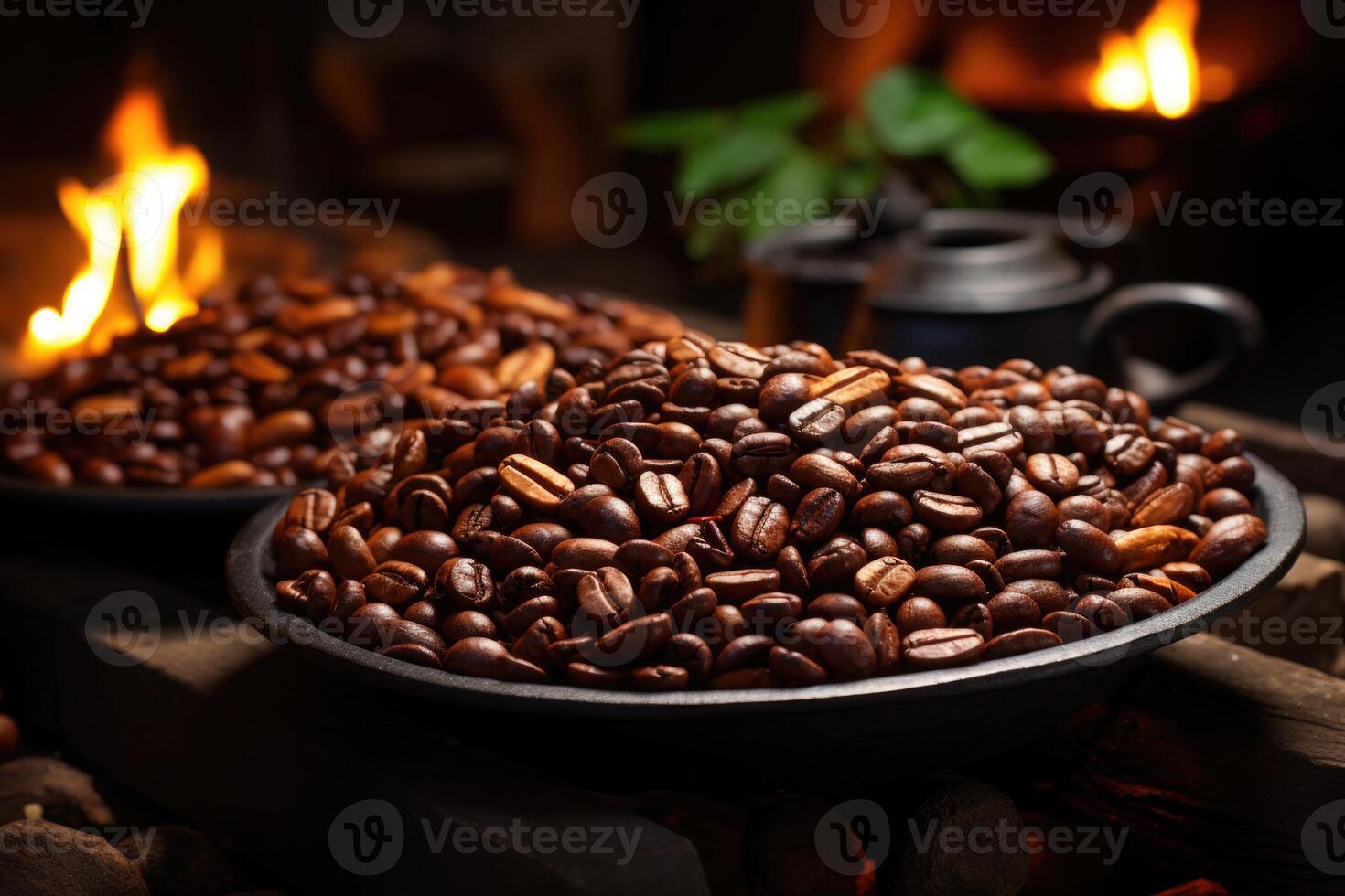 AI generated Roasted coffee beans close-up in dishes . Colombian coffee photo