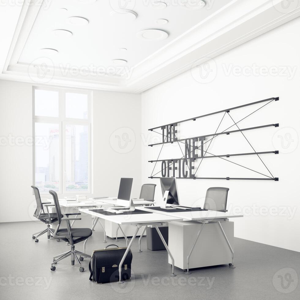 Modern office interior with white walls, photo