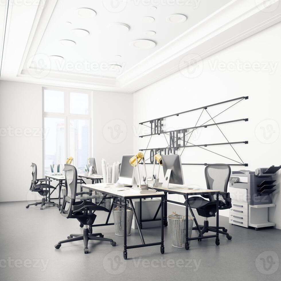 Modern office interior with white walls, photo