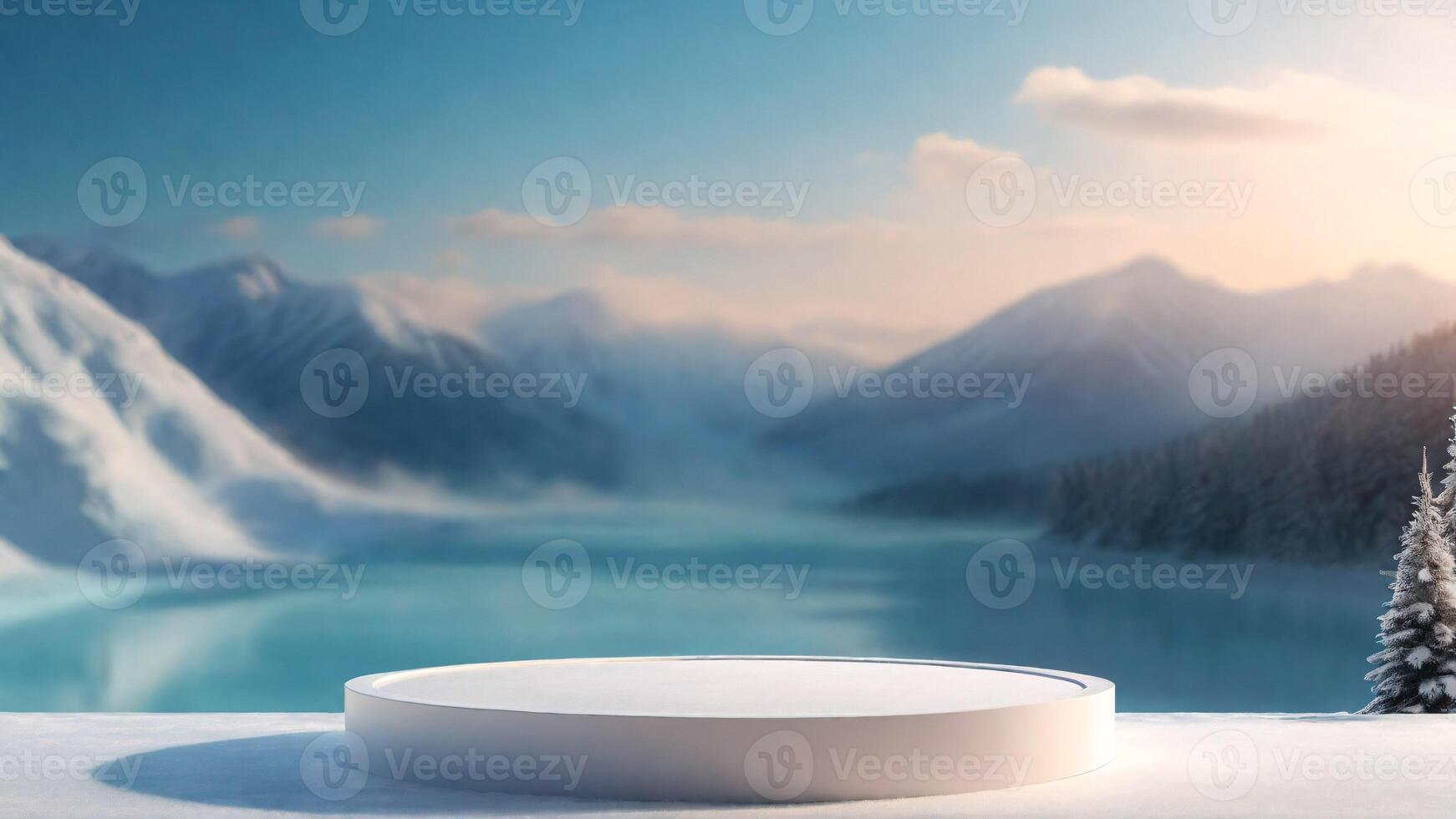 AI generated White podium on the background of snow mountains and lake. 3d render photo