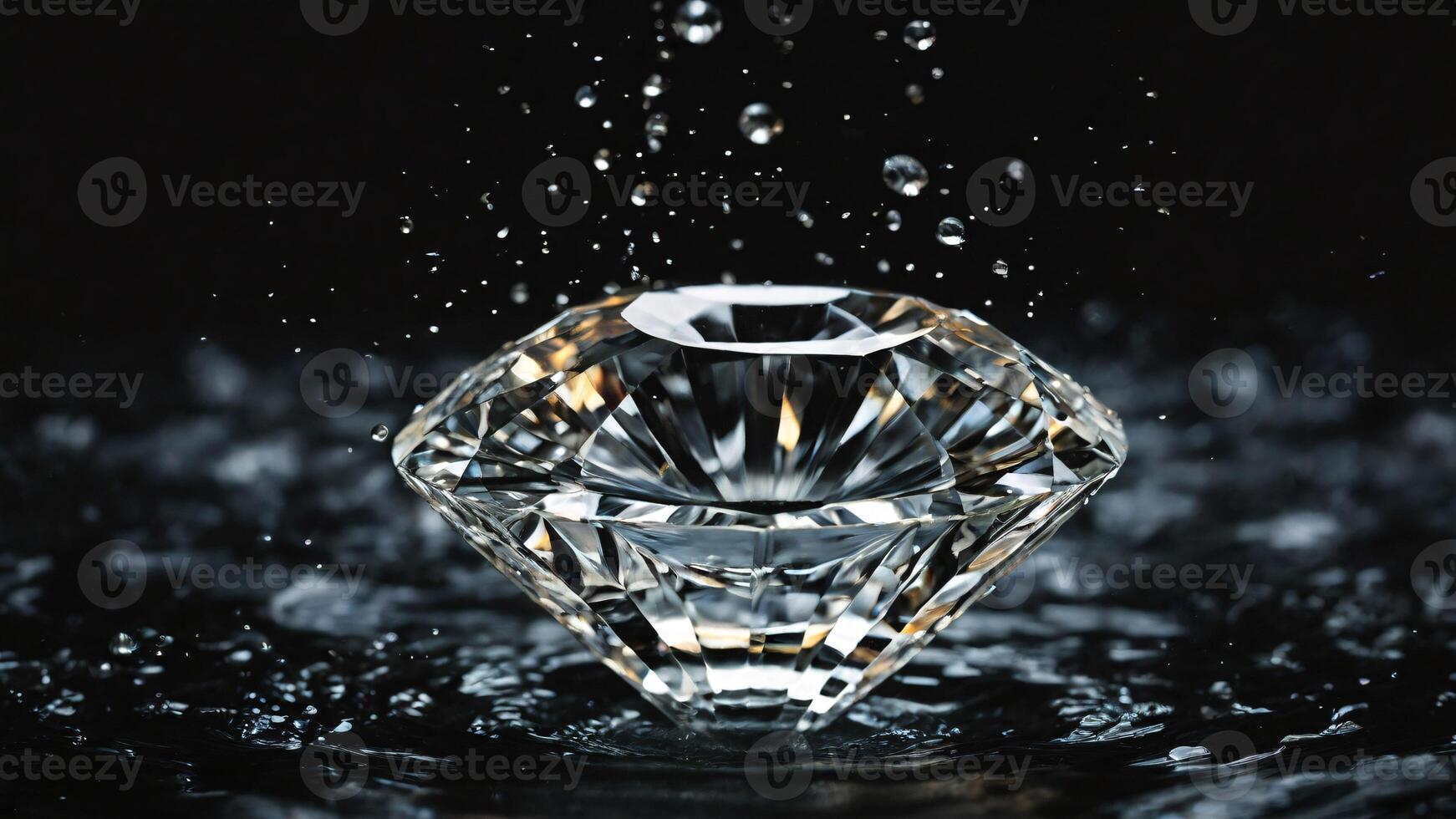 AI generated brilliant diamond with splashes of water on a black background, copy space photo