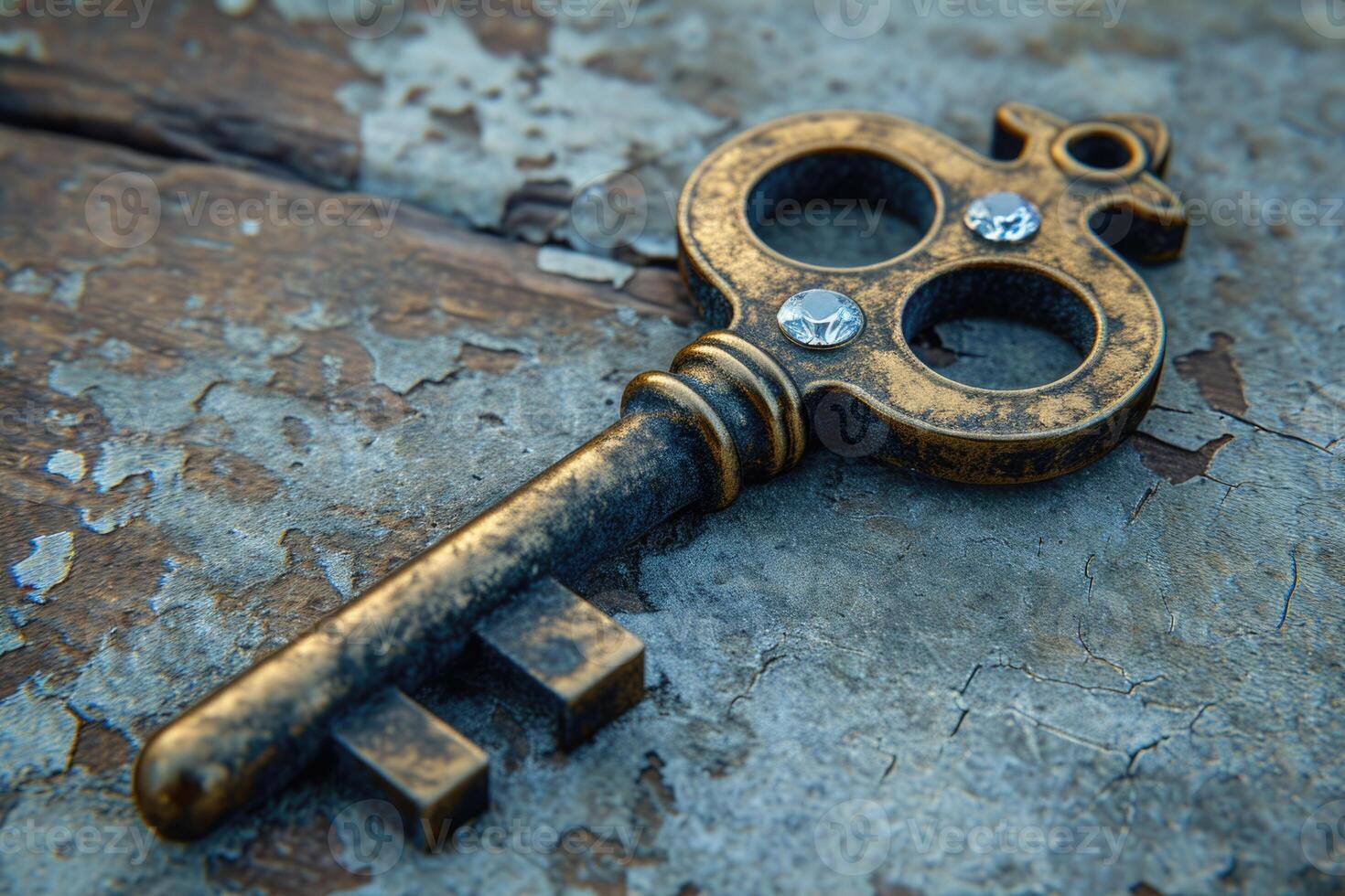 AI generated An old designer key with a lock decoration lies on a wooden background photo