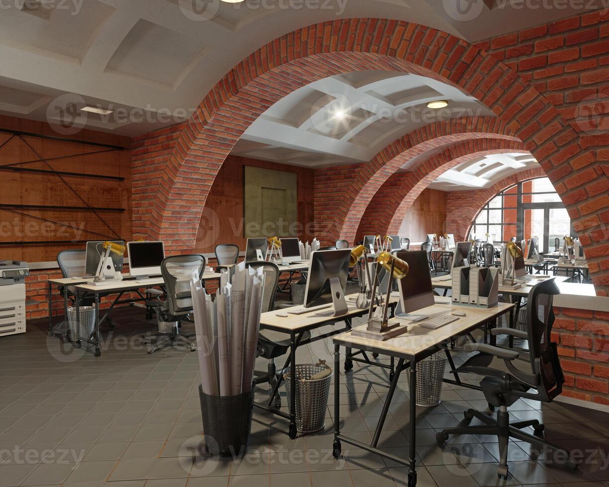 Interior of a modern office with brick walls photo