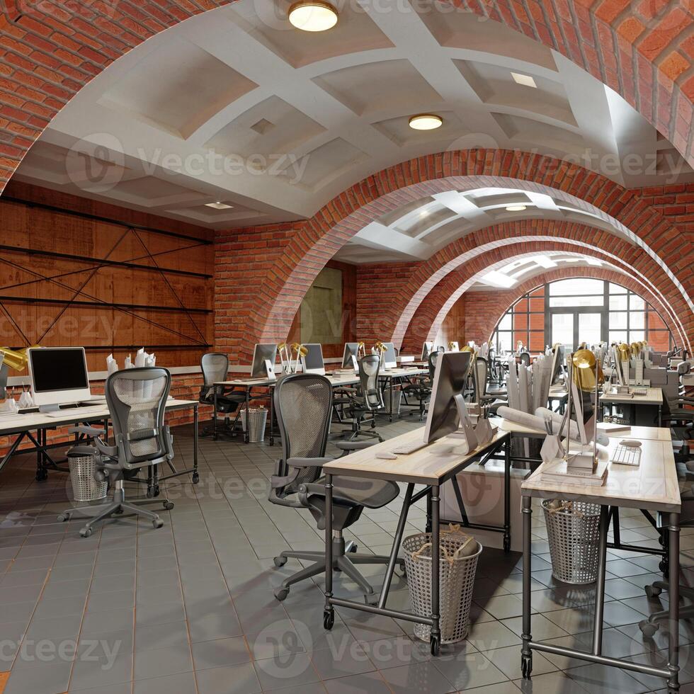 Interior of a modern office with brick walls photo