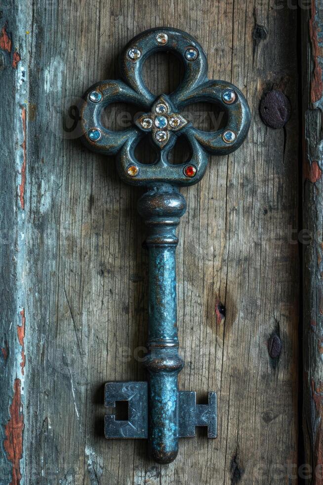 AI generated An old designer key with a lock decoration lies on a wooden background photo