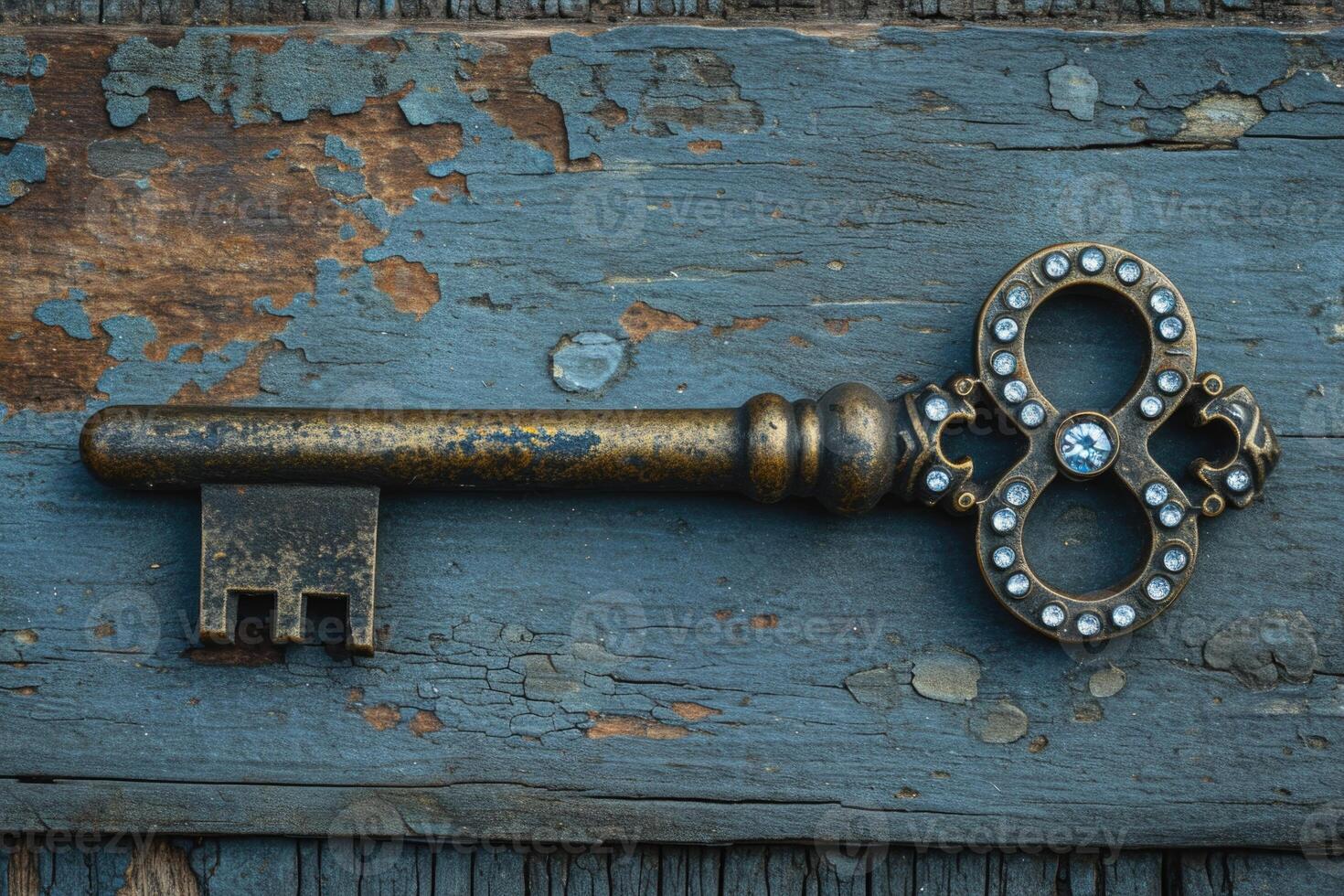 AI generated An old designer key with a lock decoration lies on a wooden background photo