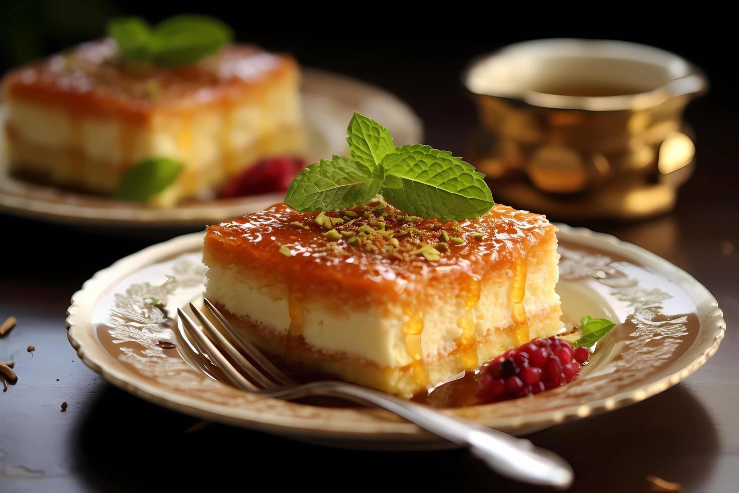 AI generated Knafeh - Popular in Middle Eastern cuisines, a cheese pastry soaked in sweet syrup and topped with crushed pistachios, offering a delightful combination of sweet and savory flavors photo