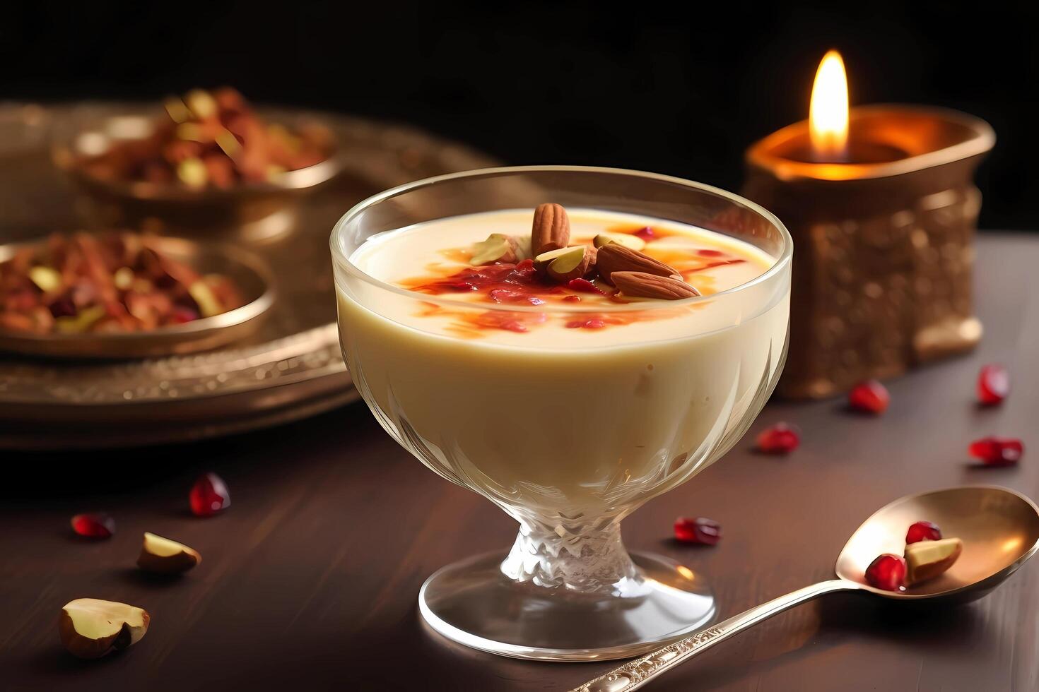 AI generated Kheer - A popular Indian rice pudding, kheer is made with rice, milk, sugar, and flavored with cardamom, saffron, and various nuts such as almonds and pistachios photo