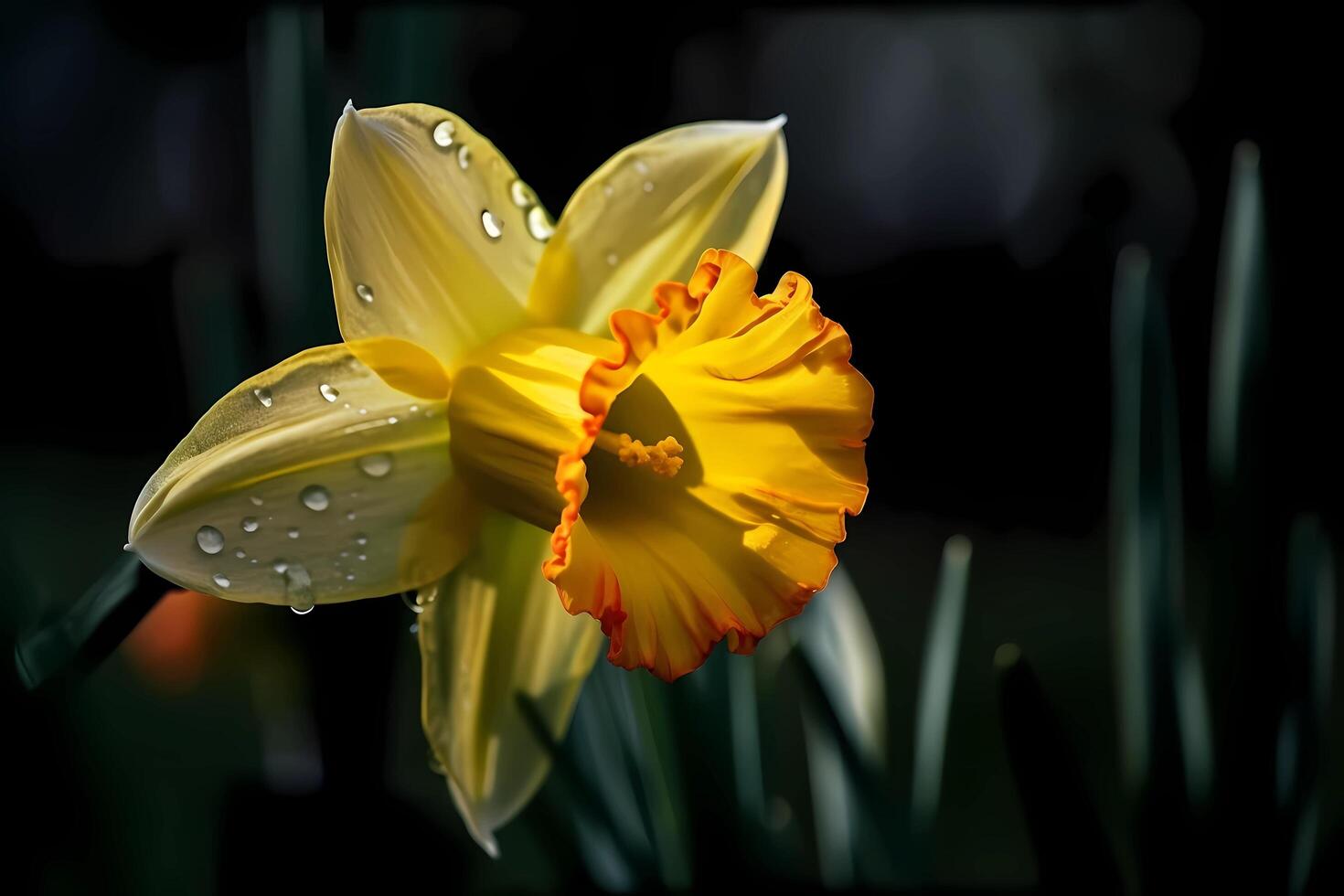 AI generated Daffodil - Narcissus - Flower native to Europe and North Africa - Known for their cheerful yellow blooms and long, slender stems. A symbol of renewal and new beginnings photo