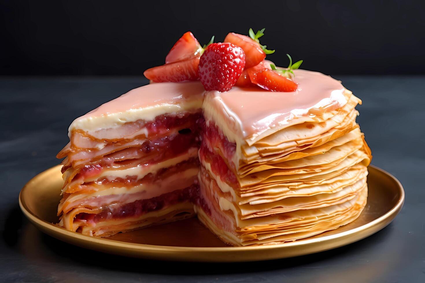AI generated Mille Crepe - Hailing from France, mille crepe is a cake made with numerous thin layers of crepes stacked together, often filled with pastry cream or ganache photo
