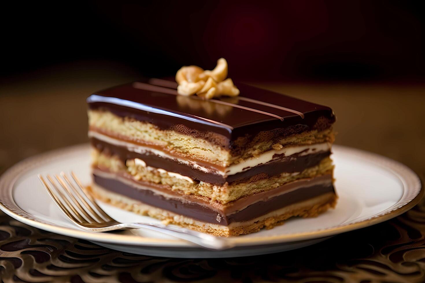 AI generated Opera Cake - Originating in France, Opera Cake is a layered dessert made with almond sponge cake, coffee buttercream, and chocolate ganache photo