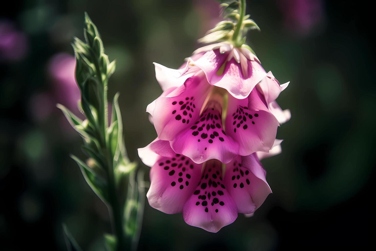 AI generated Foxglove - Digitalis - Flower native to Europe - Known for their tall spikes of bell-shaped blooms and various colors. A symbol of healing and protection photo