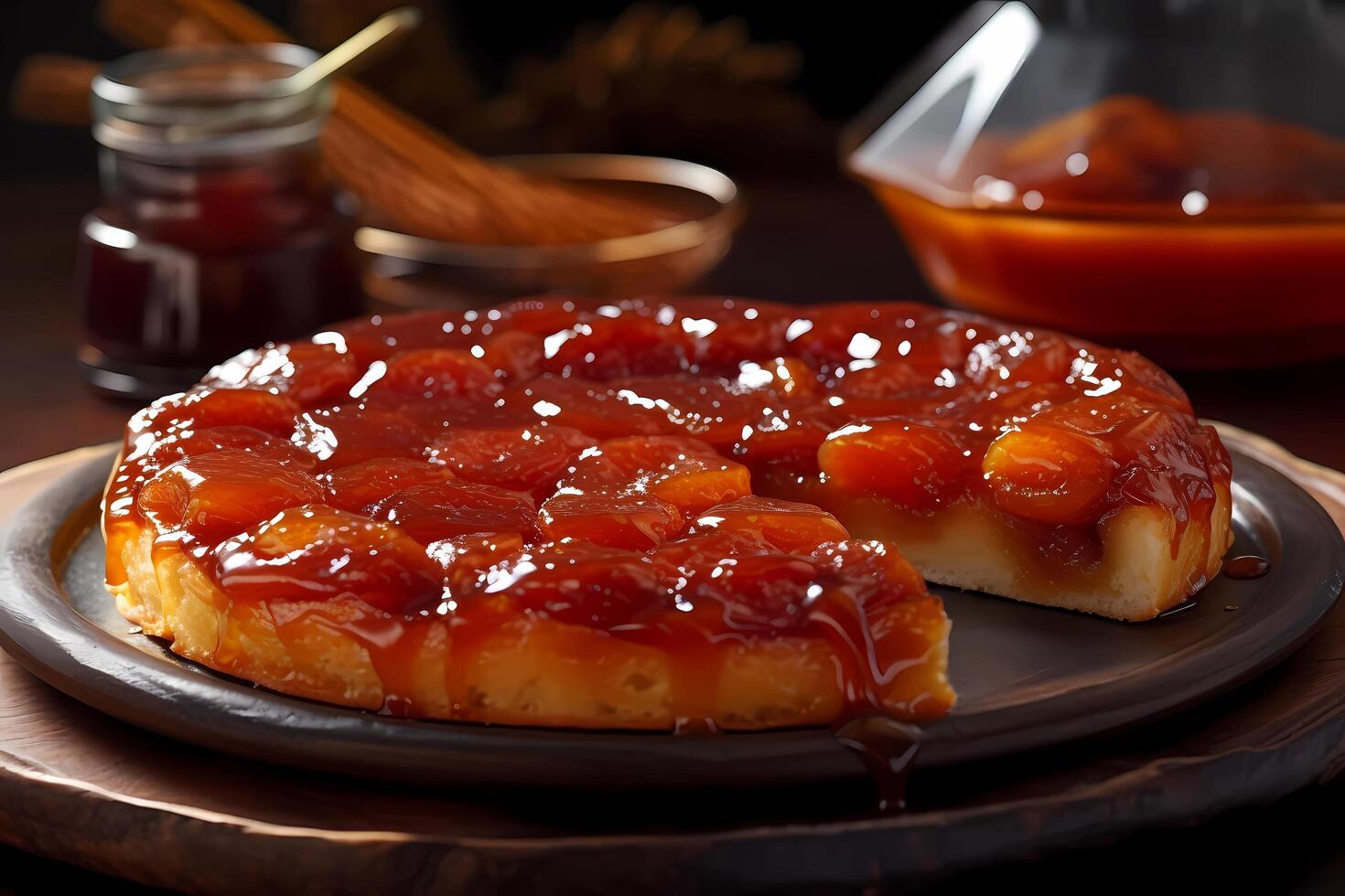 AI generated Tarte Tatin - A French dessert, is an upside-down caramelized apple tart, typically served with a scoop of vanilla ice cream photo