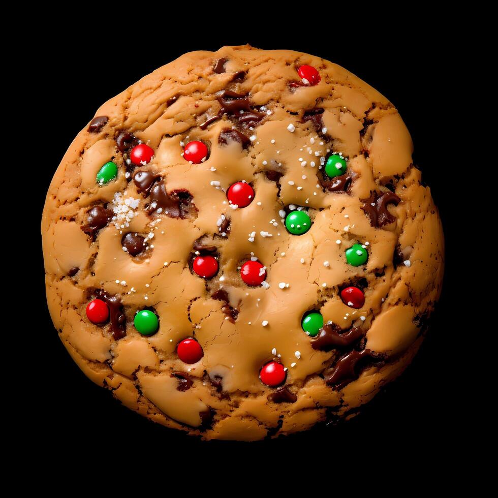 AI generated A festive holiday cookie adorned with vibrant red and green chips, delivering a cheerful burst of color and a delightful combination of sweet flavors, encapsulating the joy of the season photo